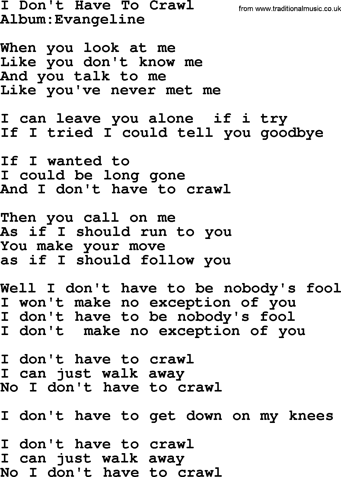 Emmylou Harris song: I Don't Have To Crawl lyrics