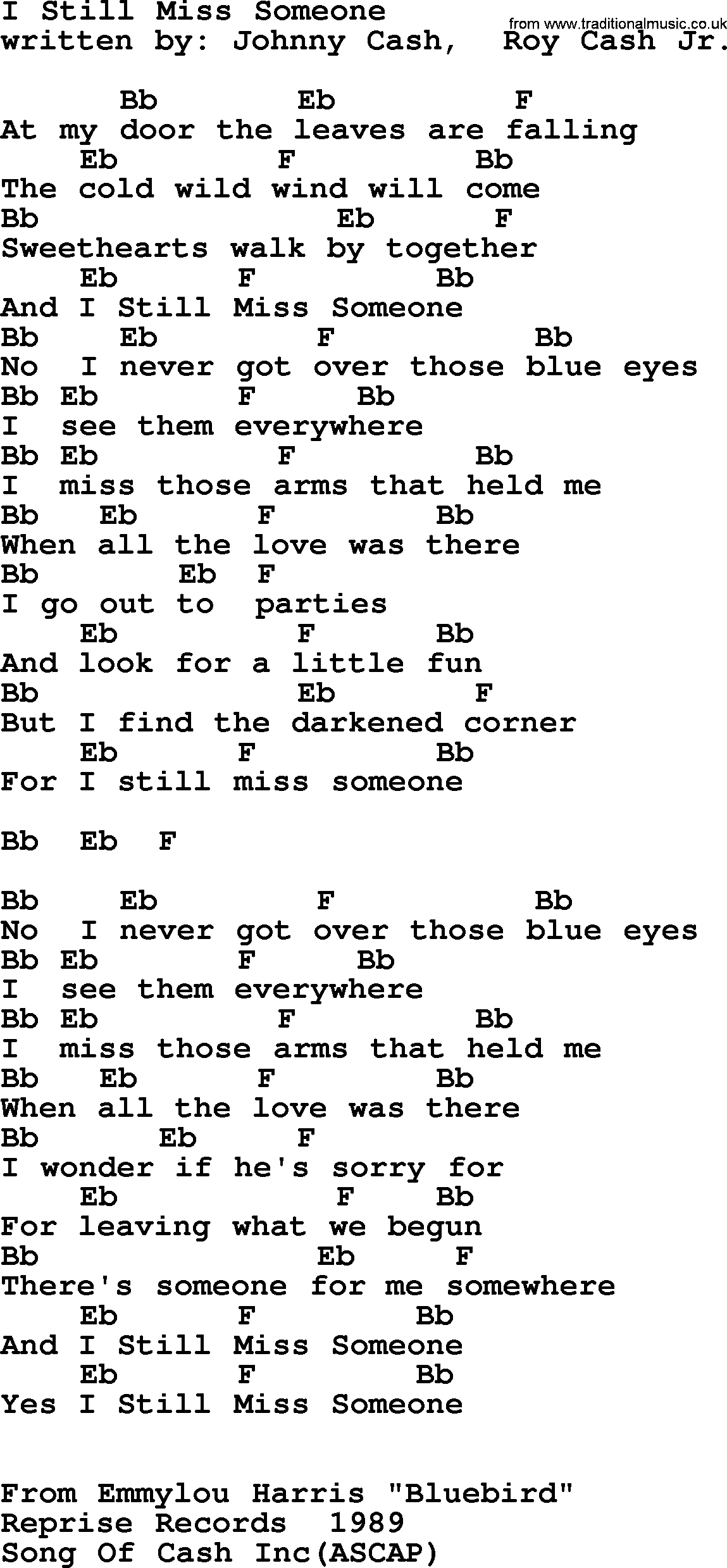 Emmylou Harris song: I Still Miss Someone lyrics and chords