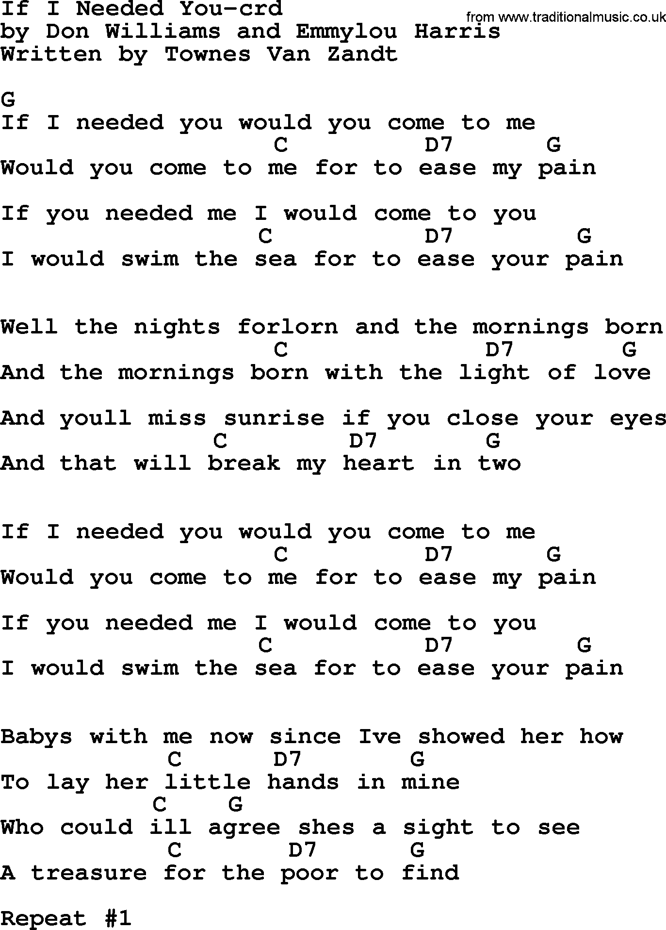 Emmylou Harris song: If I Needed You lyrics and chords