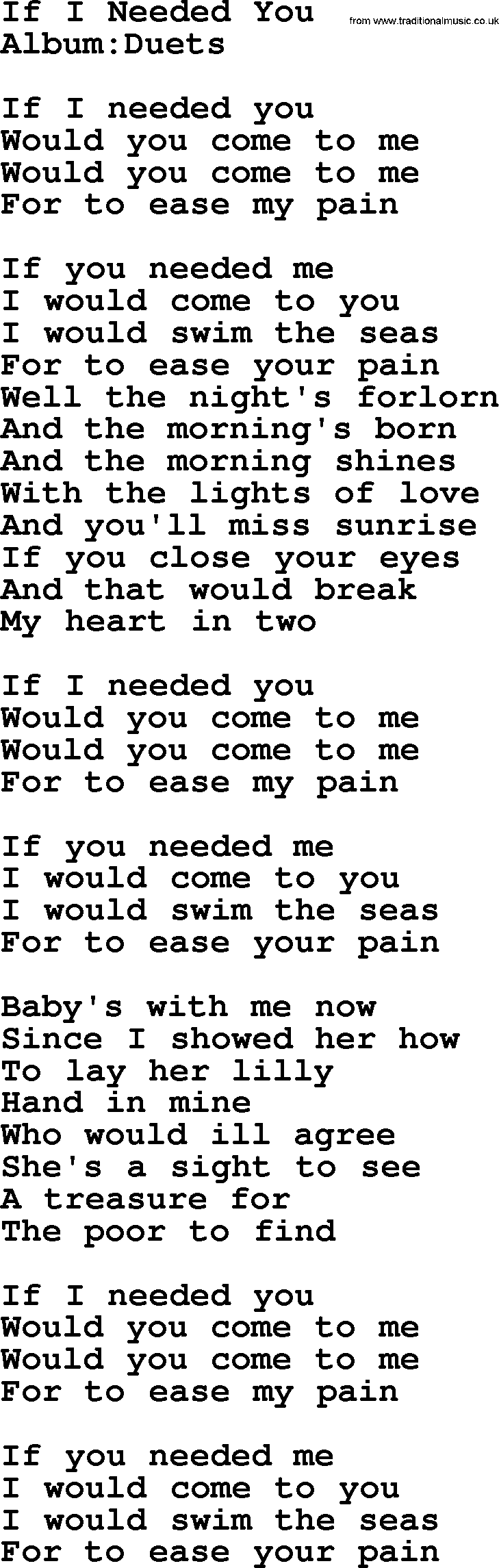 Emmylou Harris song: If I Needed You lyrics