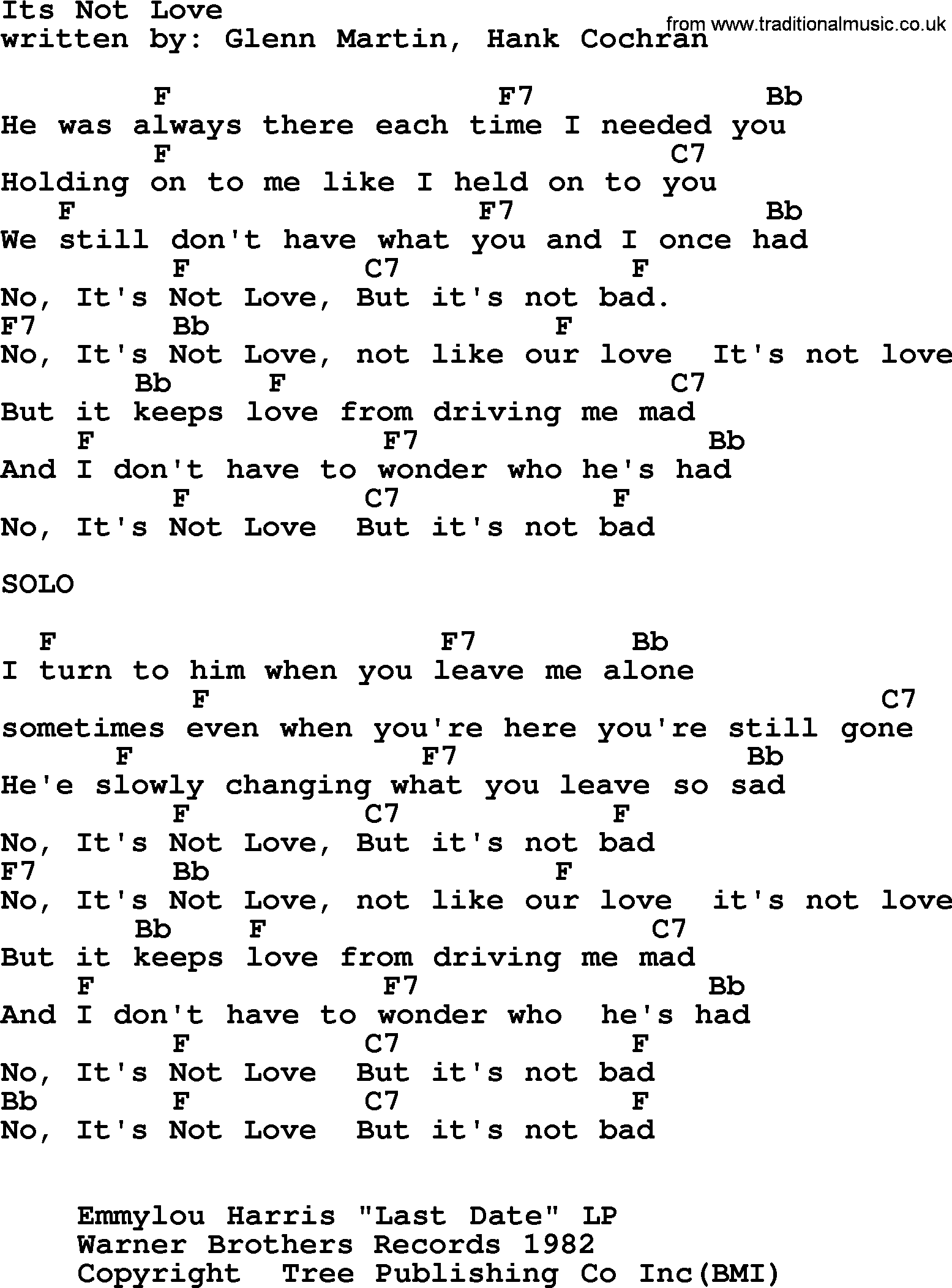 Emmylou Harris song: Its Not Love lyrics and chords
