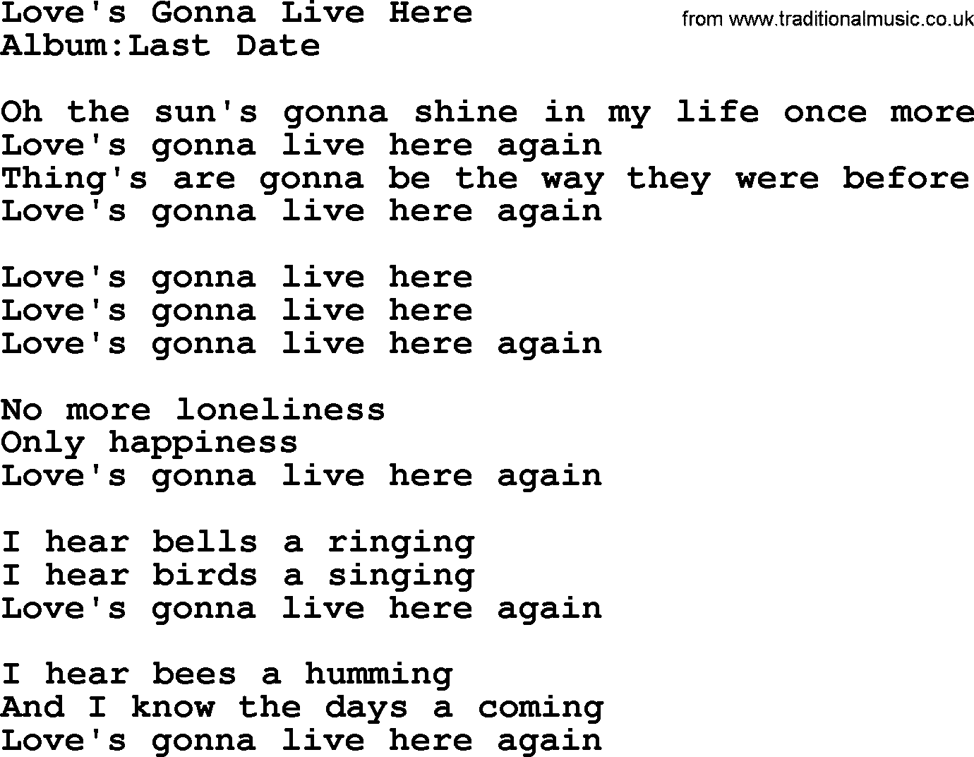 Emmylou Harris song: Love's Gonna Live Here lyrics
