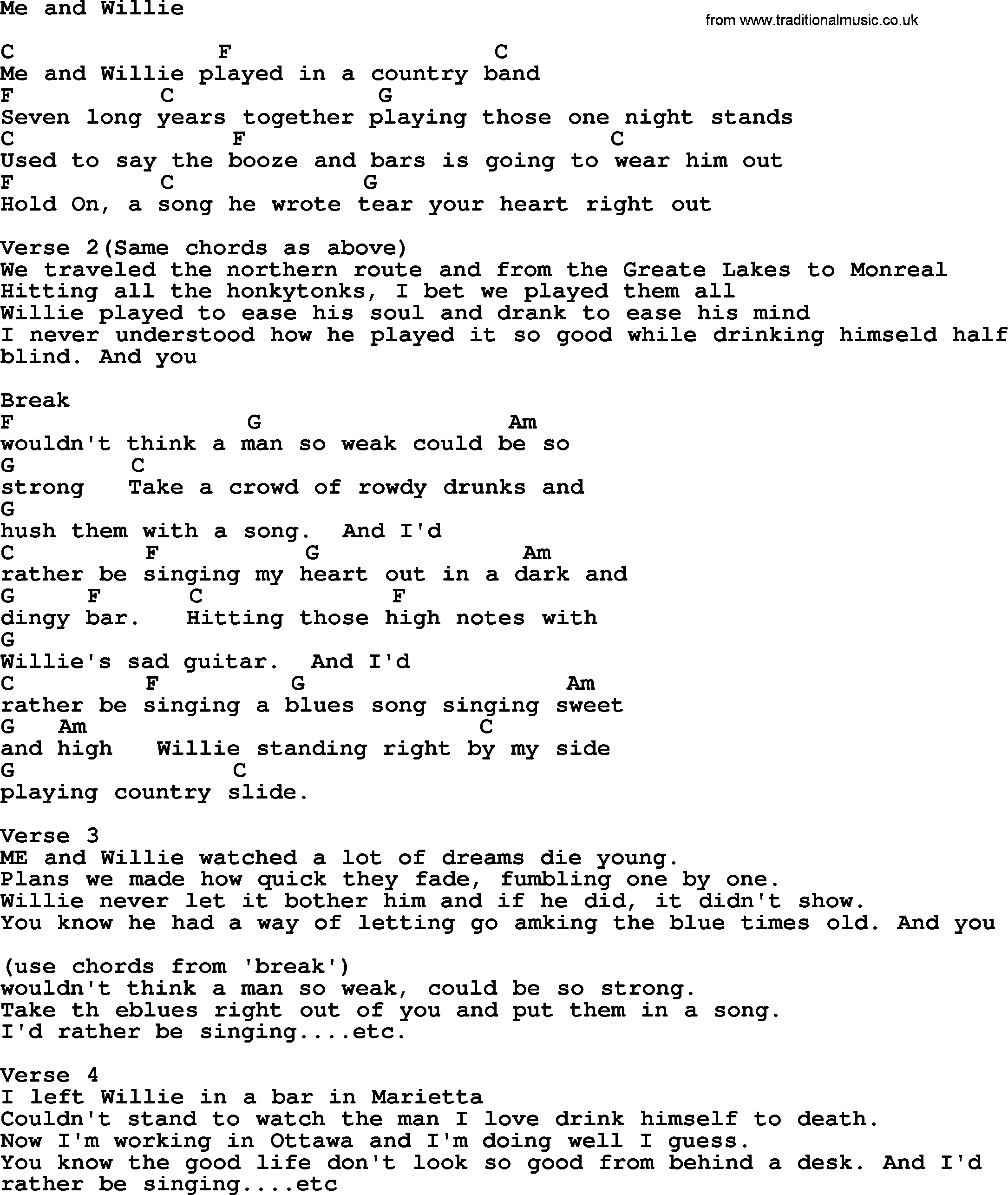 Emmylou Harris song: Me and Willie lyrics and chords