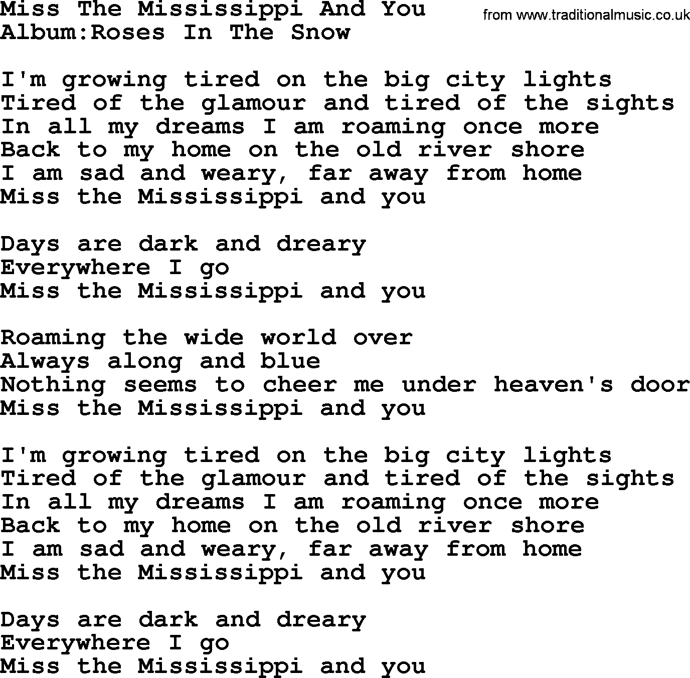 Emmylou Harris song: Miss The Mississippi And You lyrics