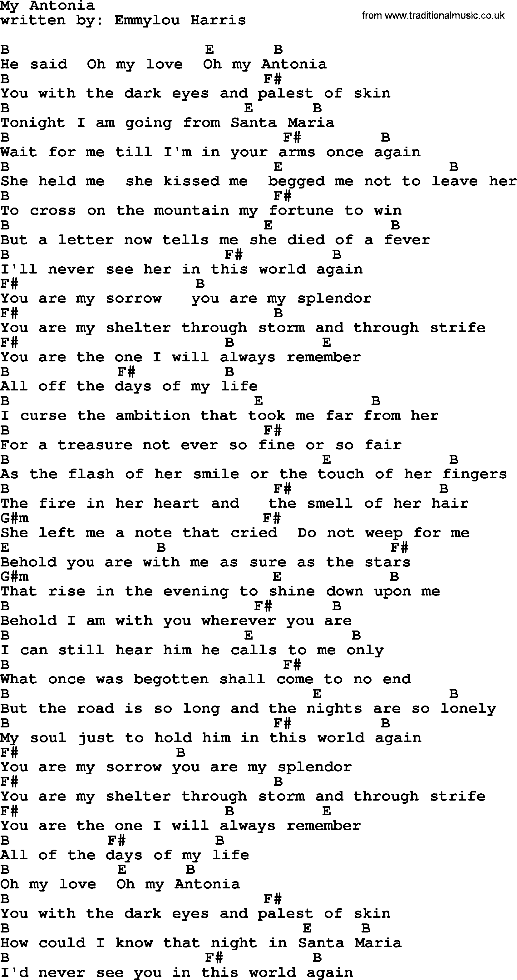 Emmylou Harris song: My Antonia lyrics and chords