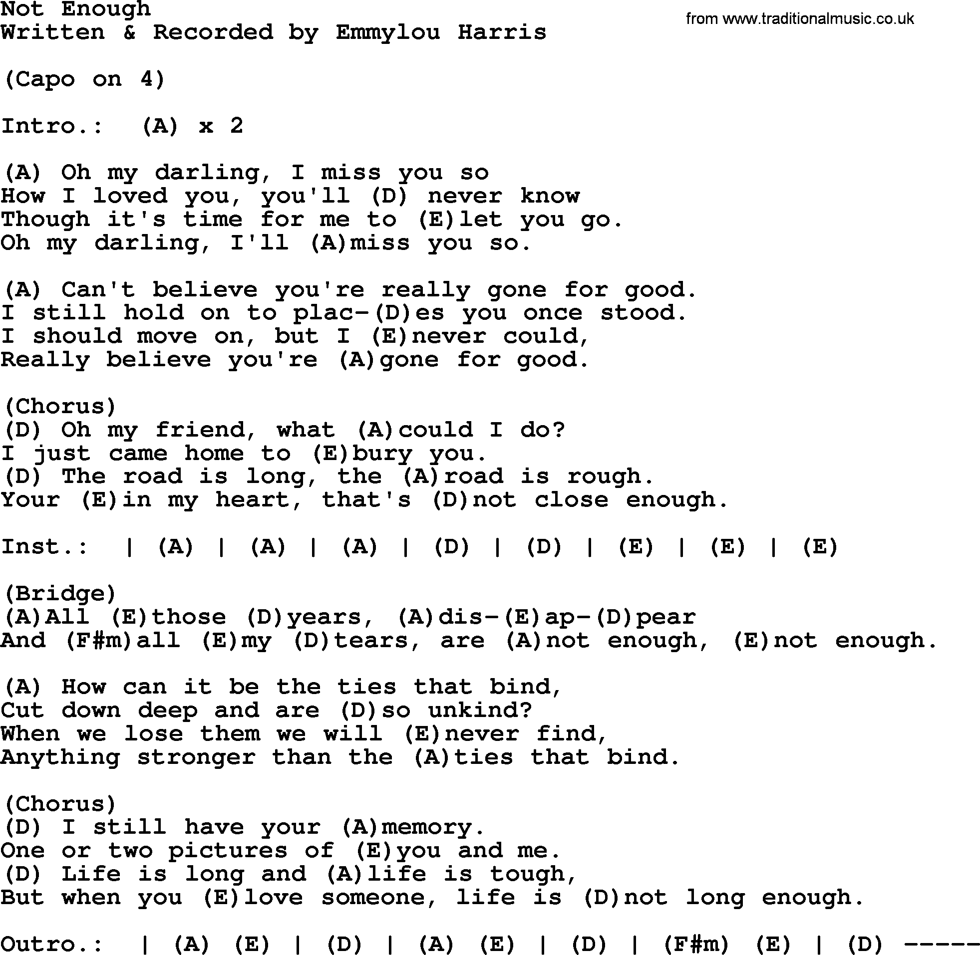 Emmylou Harris song: Not Enough lyrics and chords