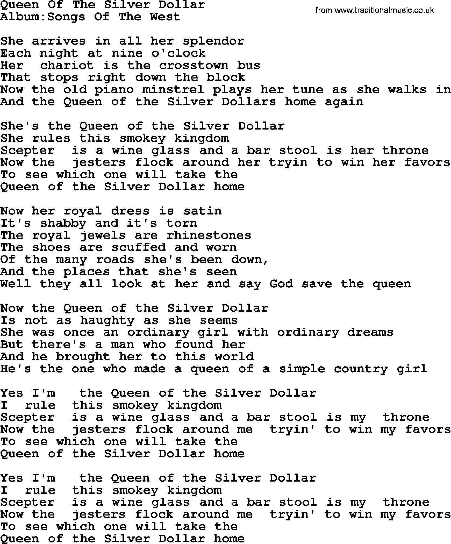 Emmylou Harris song: Queen Of The Silver Dollar lyrics