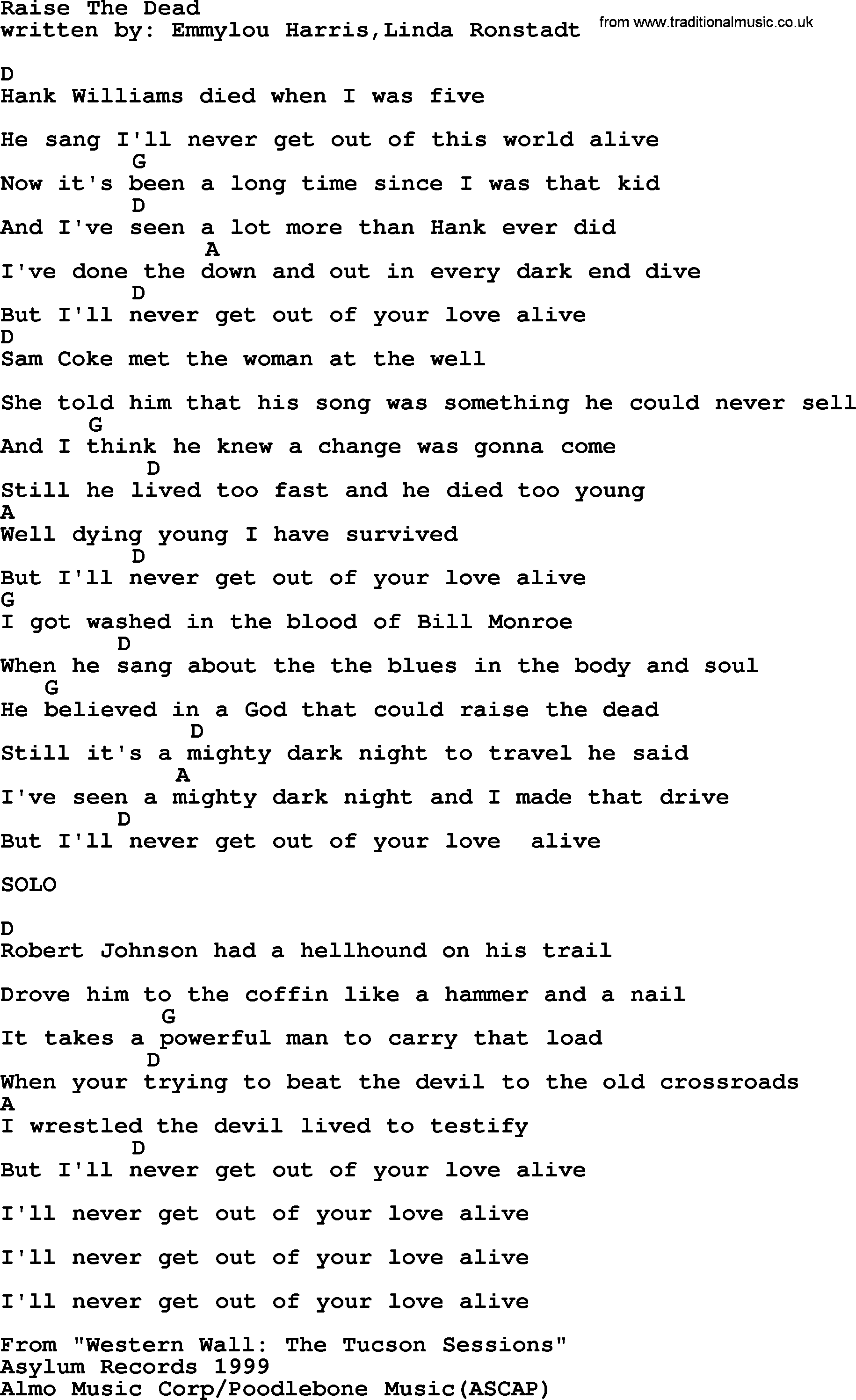 Emmylou Harris song: Raise The Dead lyrics and chords
