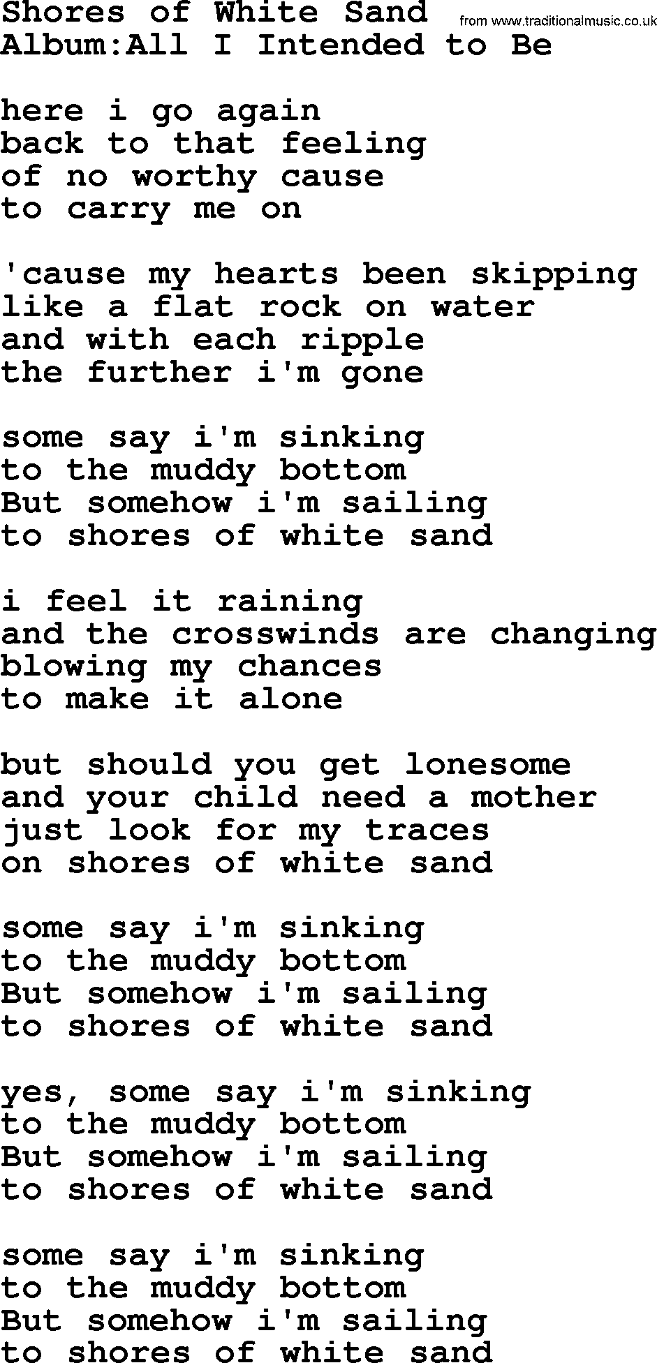 Emmylou Harris song: Shores of White Sand lyrics