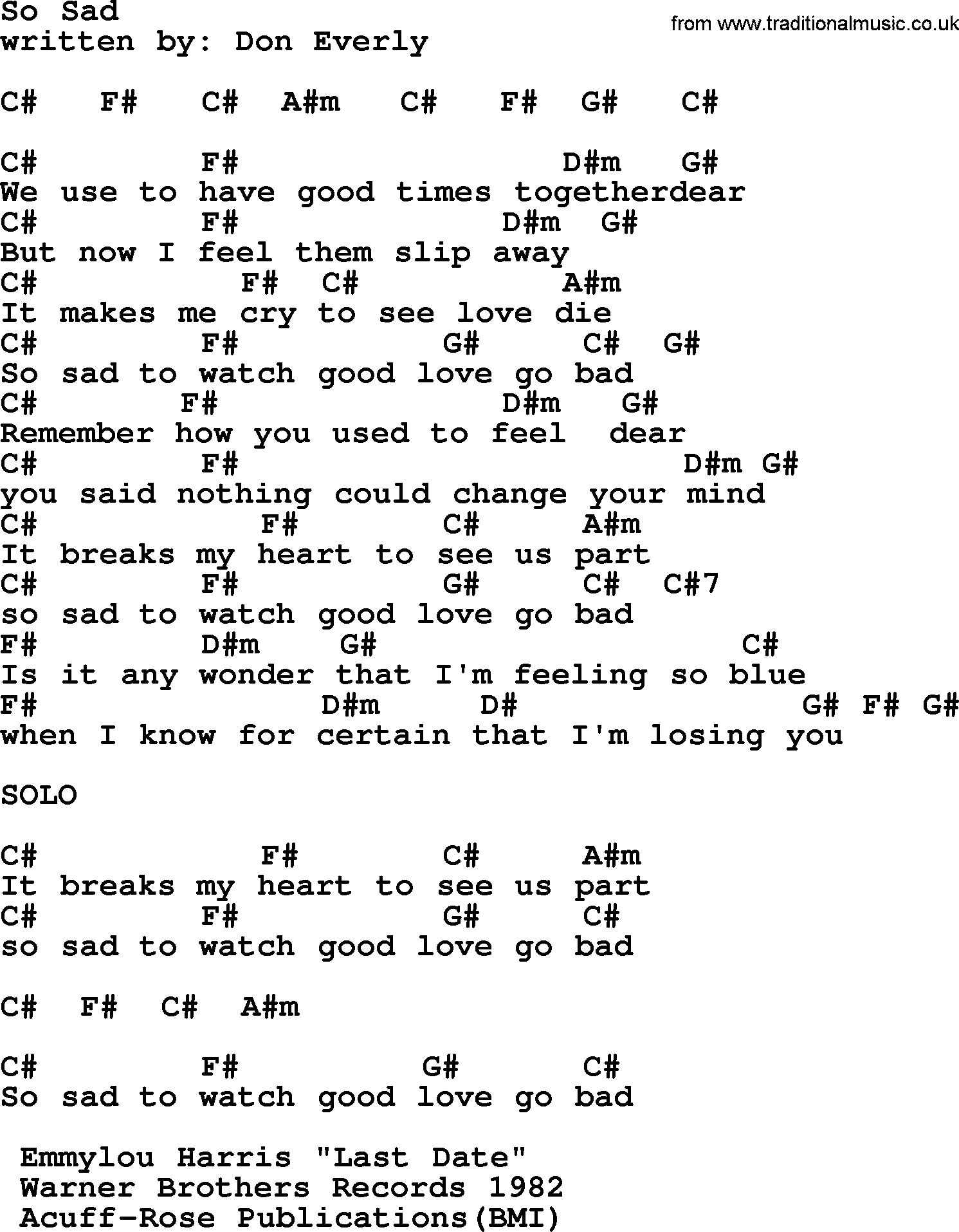 Emmylou Harris song: So Sad lyrics and chords