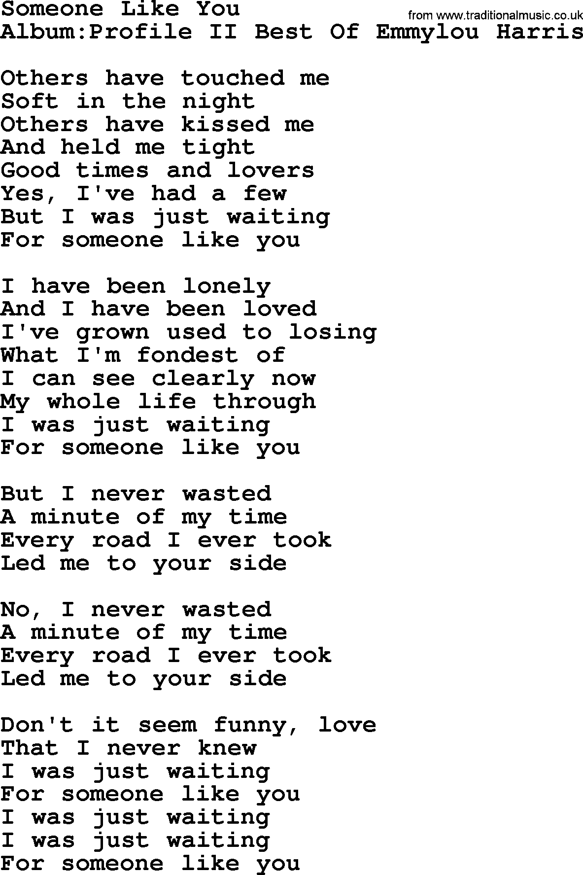 Emmylou Harris song: Someone Like You lyrics