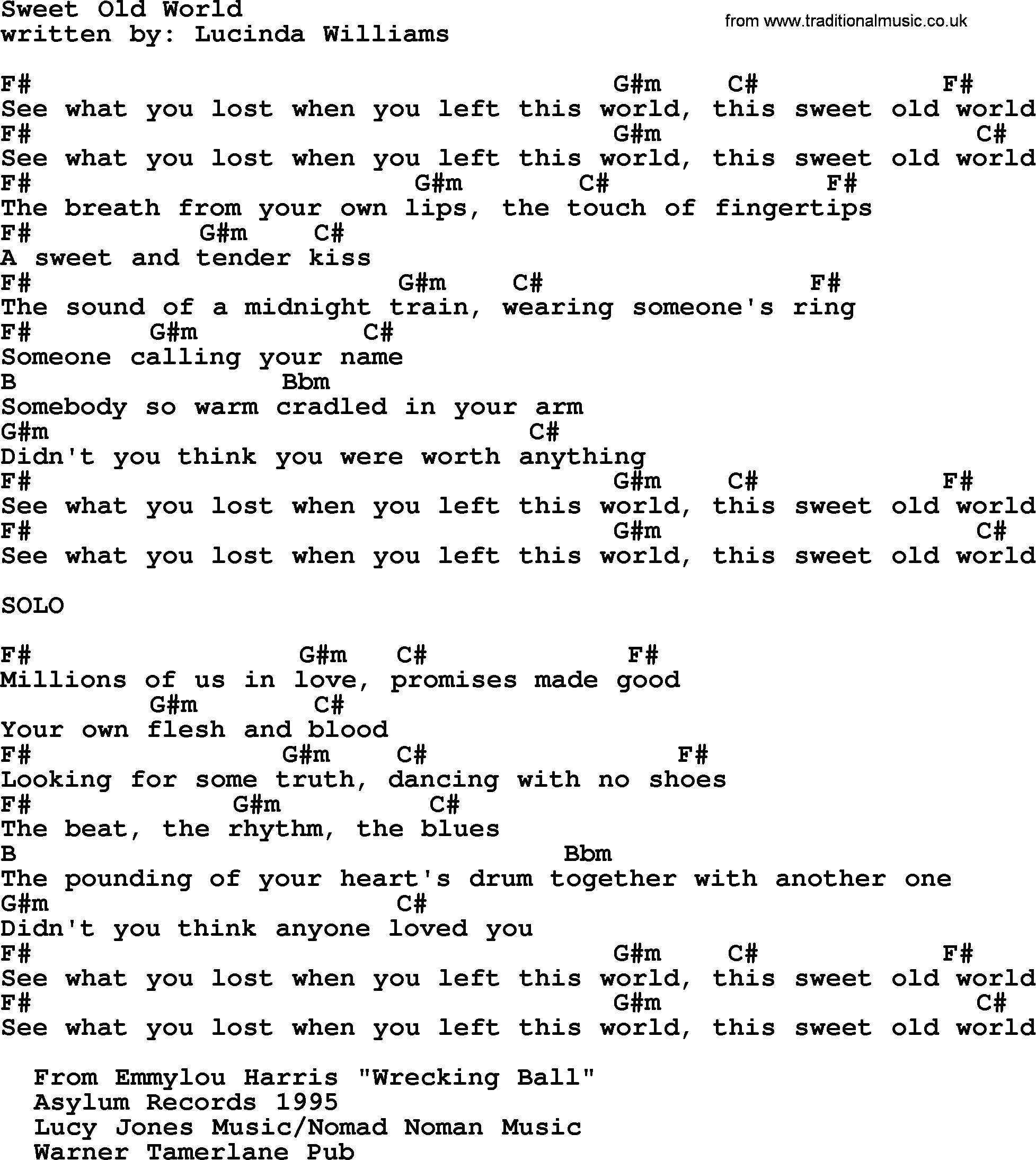 Emmylou Harris song: Sweet Old World lyrics and chords