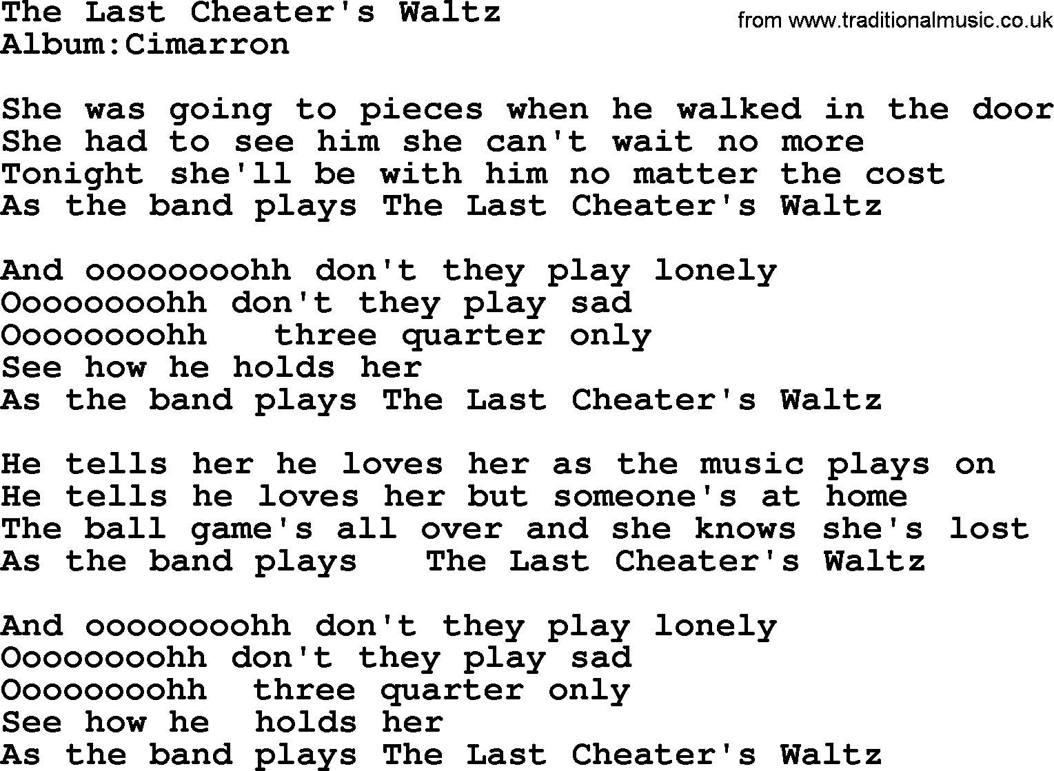 Emmylou Harris song: The Last Cheater's Waltz lyrics