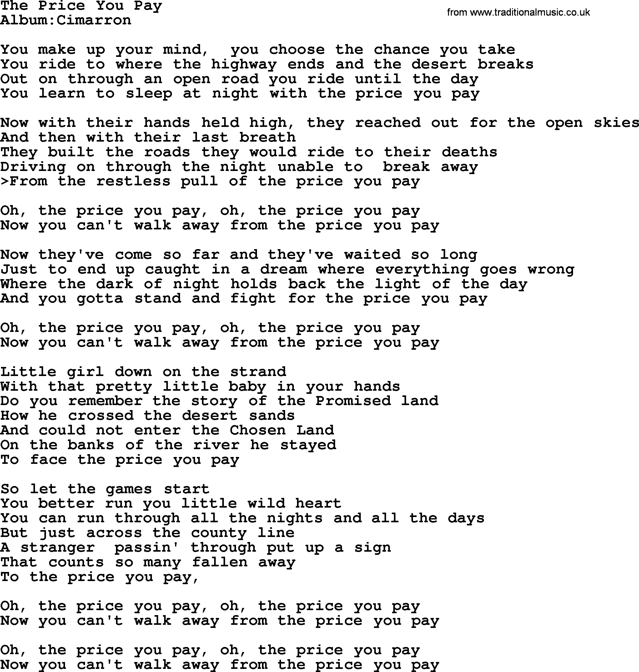 Emmylou Harris song: The Price You Pay lyrics
