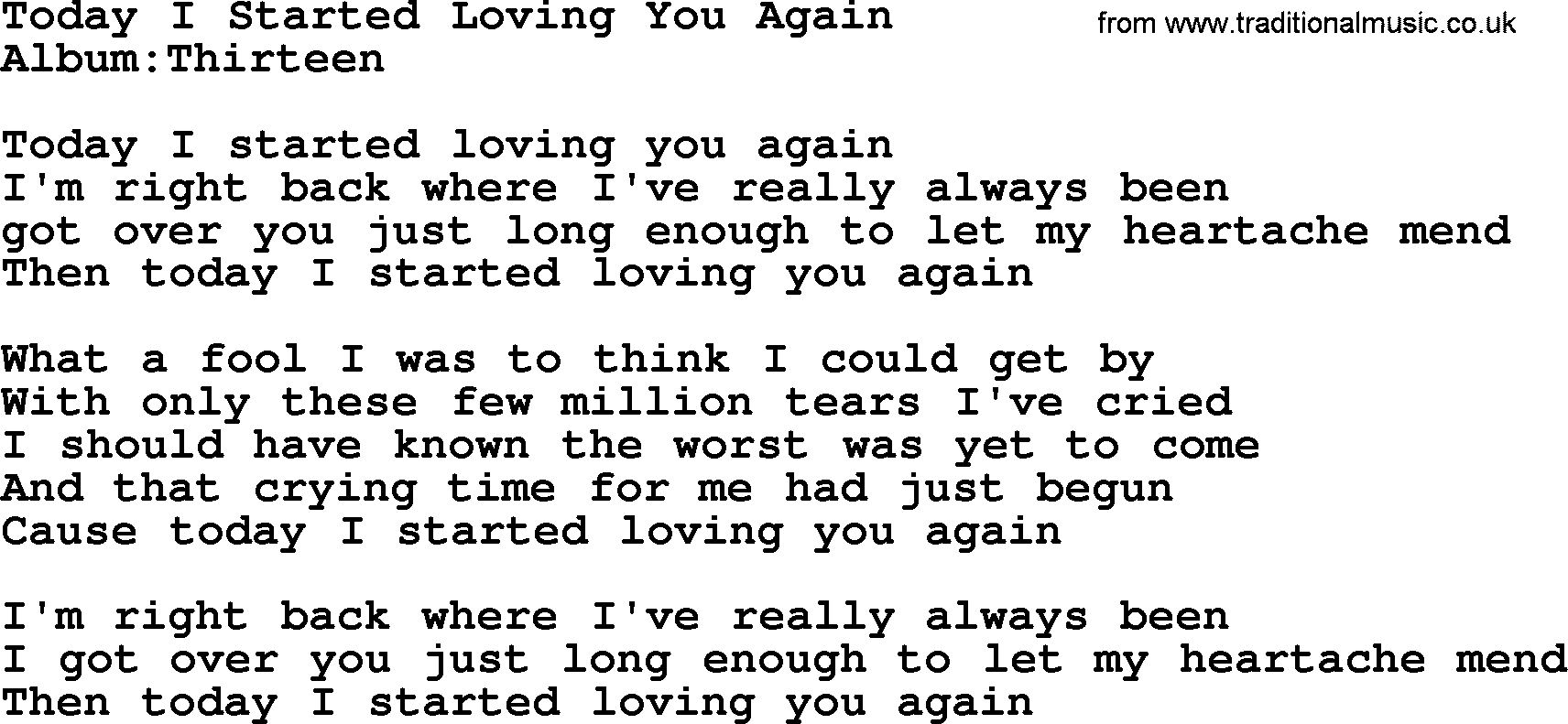 Emmylou Harris song: Today I Started Loving You Again lyrics