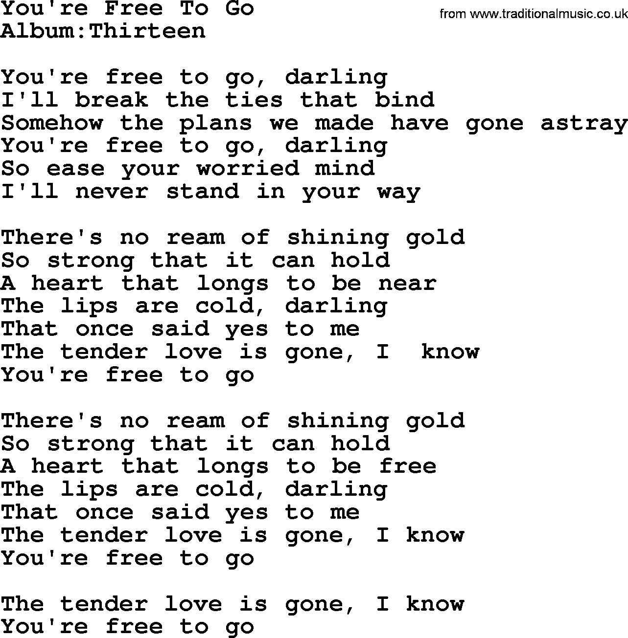 Emmylou Harris song: You're Free To Go lyrics