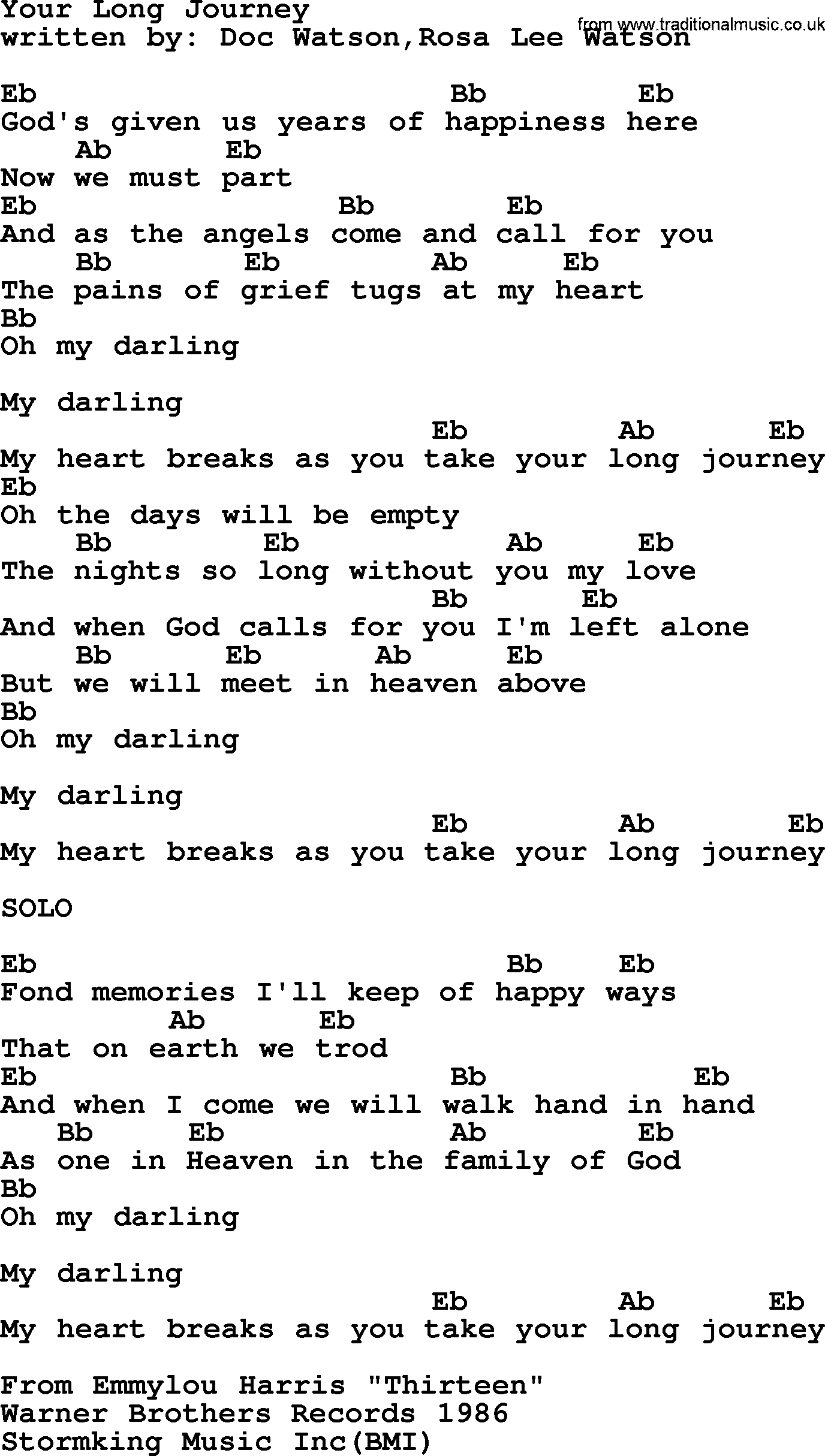 Emmylou Harris song Your Long Journey, lyrics and chords