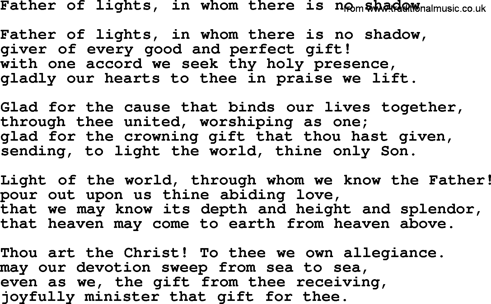 Epiphany Hymns, Hymn: Father Of Lights, In Whom There Is No Shadow, lyrics with PDF