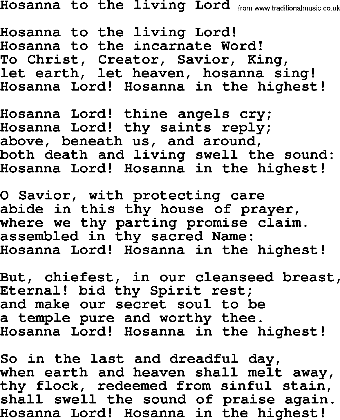 Epiphany Hymns, Hymn: Hosanna To The Living Lord, lyrics with PDF