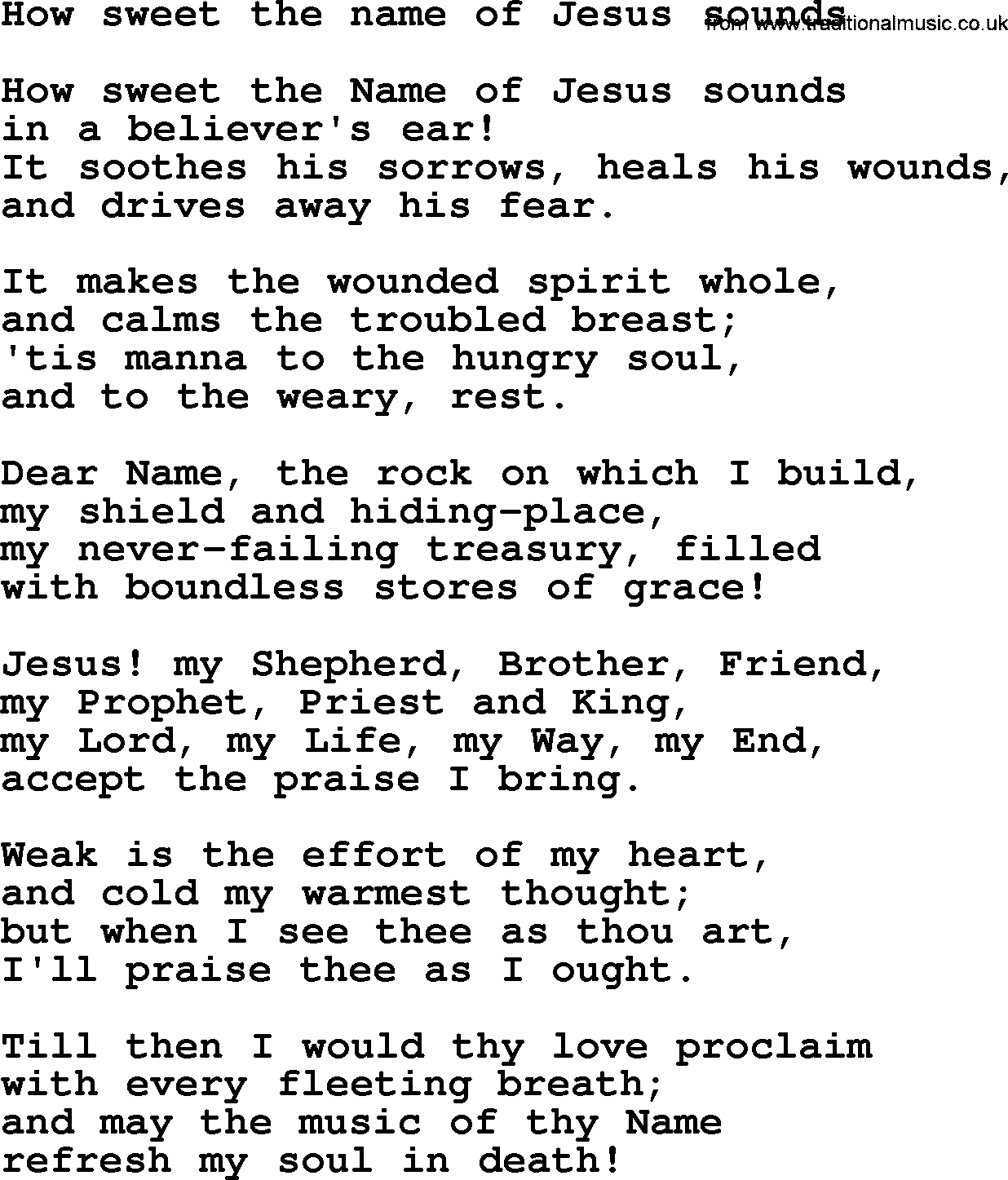 Epiphany Hymns, Hymn: How Sweet The Name Of Jesus Sounds, lyrics with PDF
