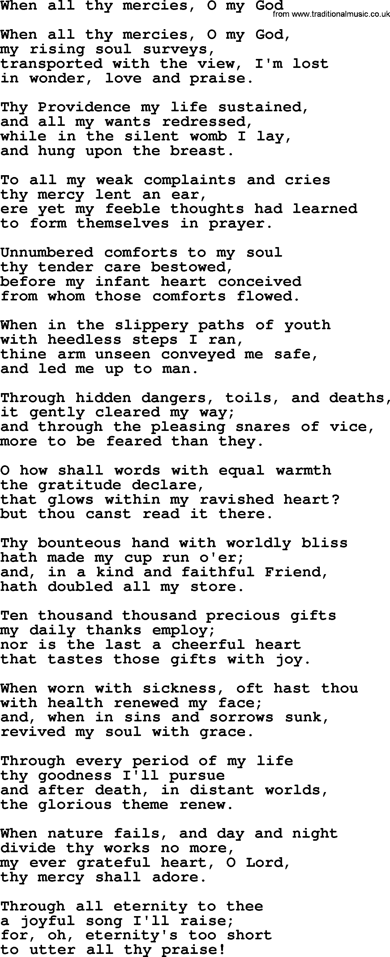 Epiphany Hymns, Hymn: When All Thy Mercies, O My God, lyrics with PDF