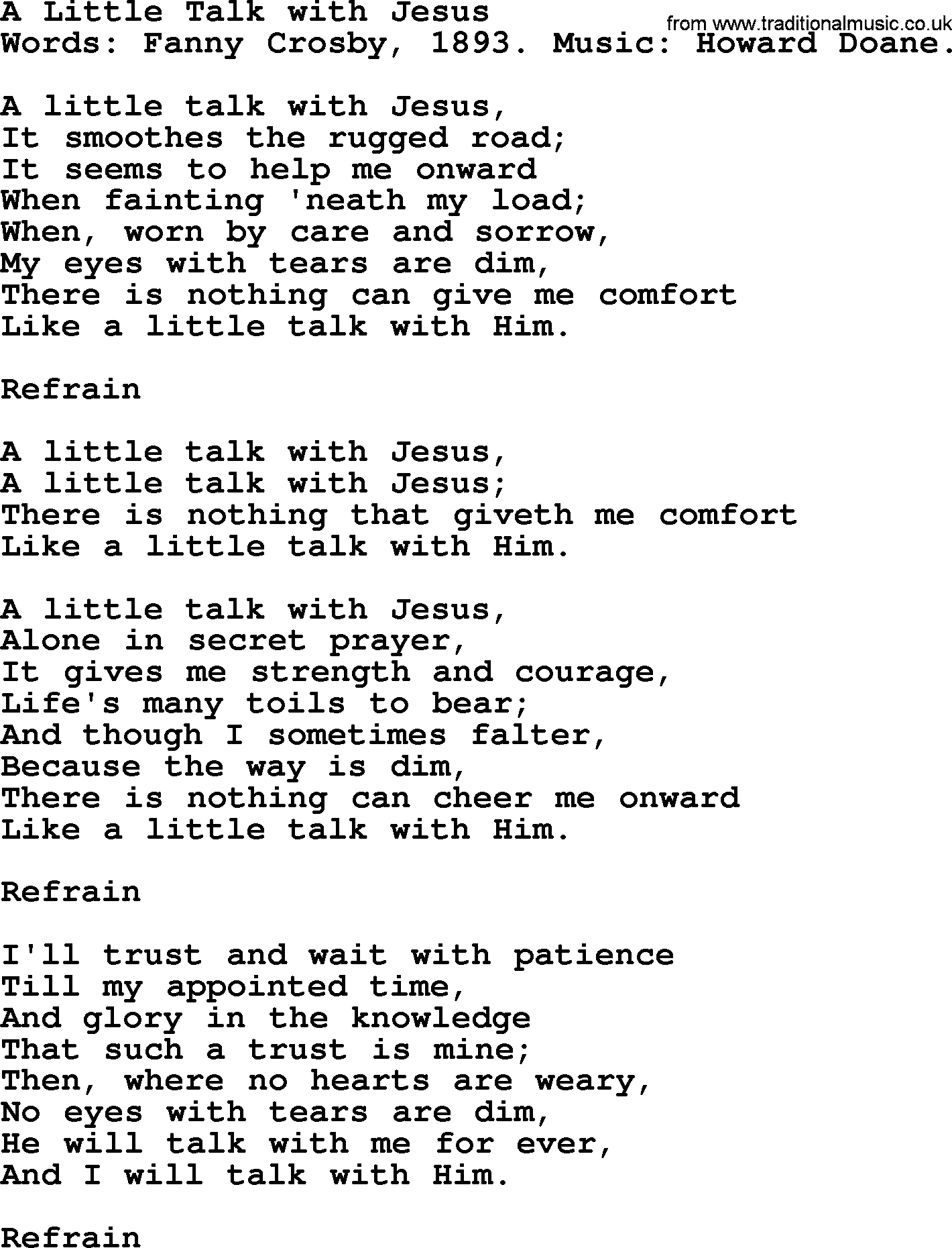 Fanny Crosby song: A Little Talk With Jesus, lyrics