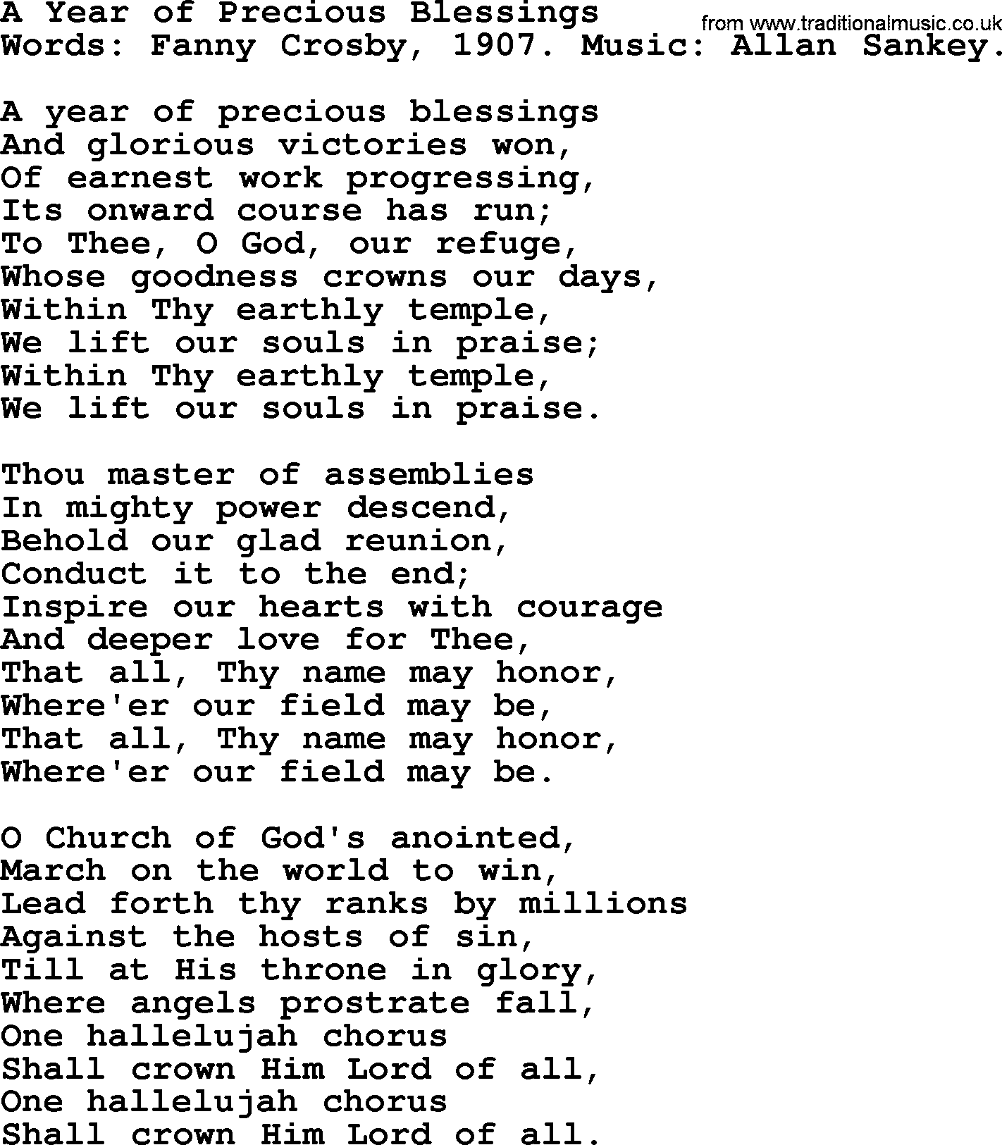 Fanny Crosby song: A Year Of Precious Blessings, lyrics
