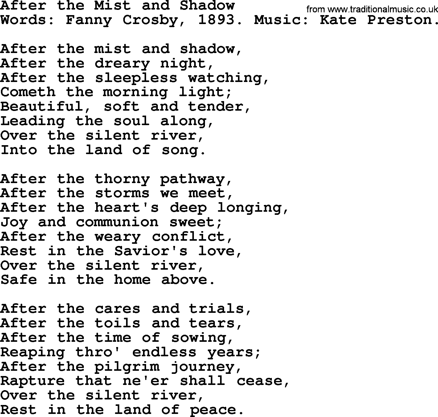Fanny Crosby song: After The Mist And Shadow, lyrics