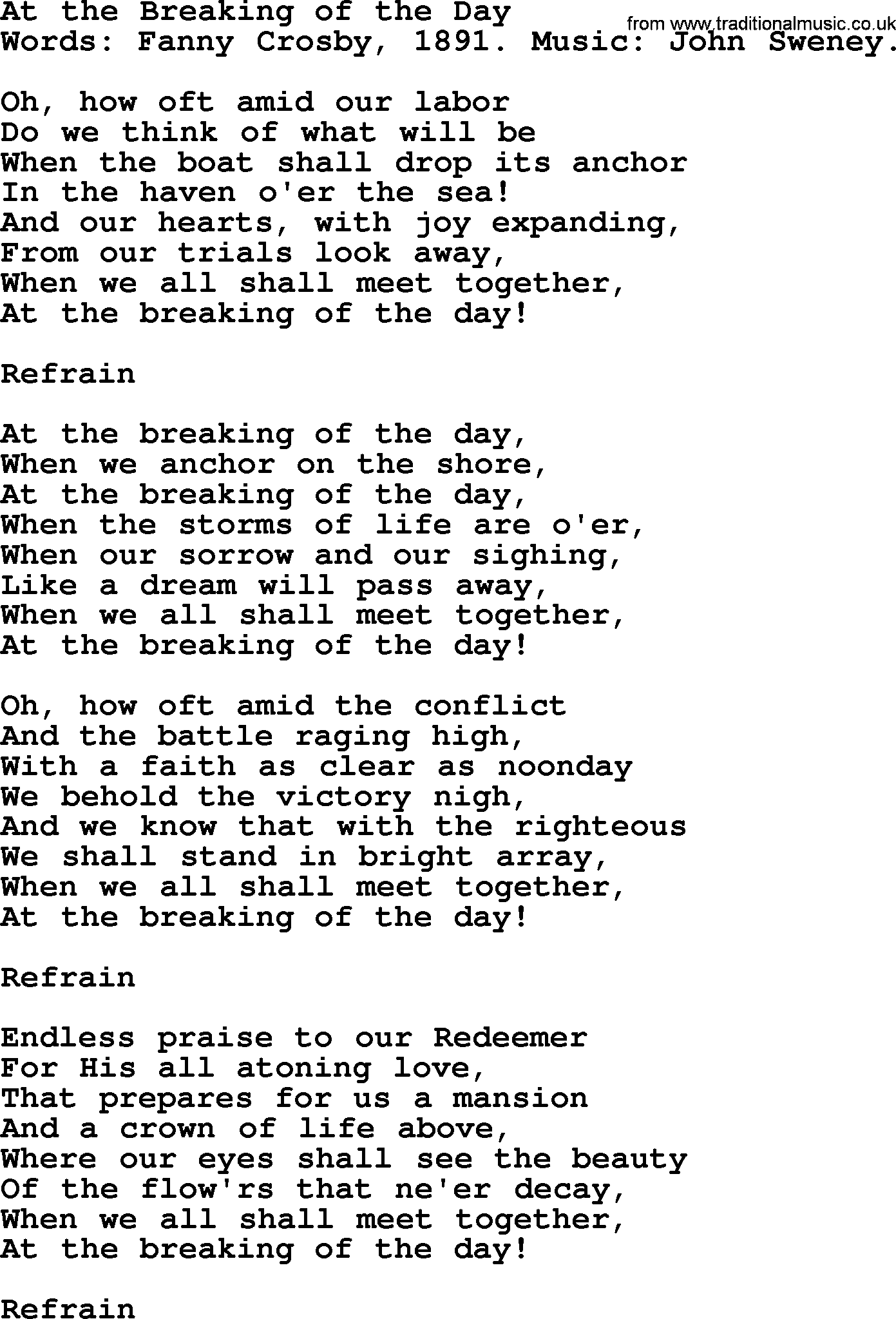 Fanny Crosby song: At The Breaking Of The Day, lyrics