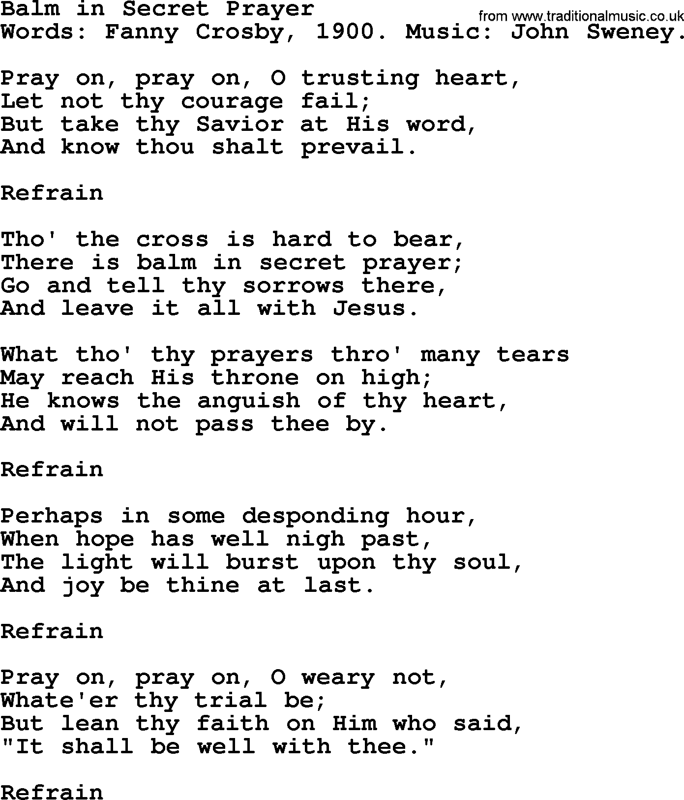 Fanny Crosby song: Balm In Secret Prayer, lyrics