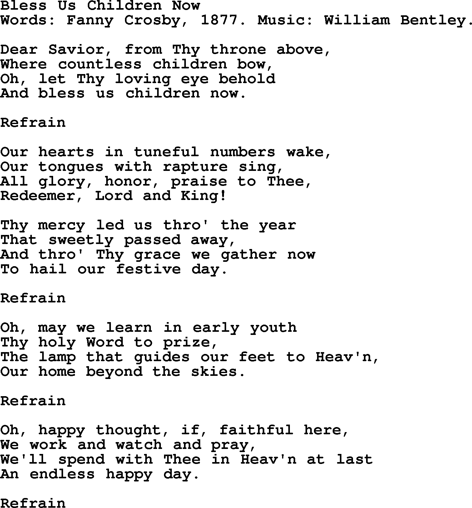 Fanny Crosby song: Bless Us Children Now, lyrics