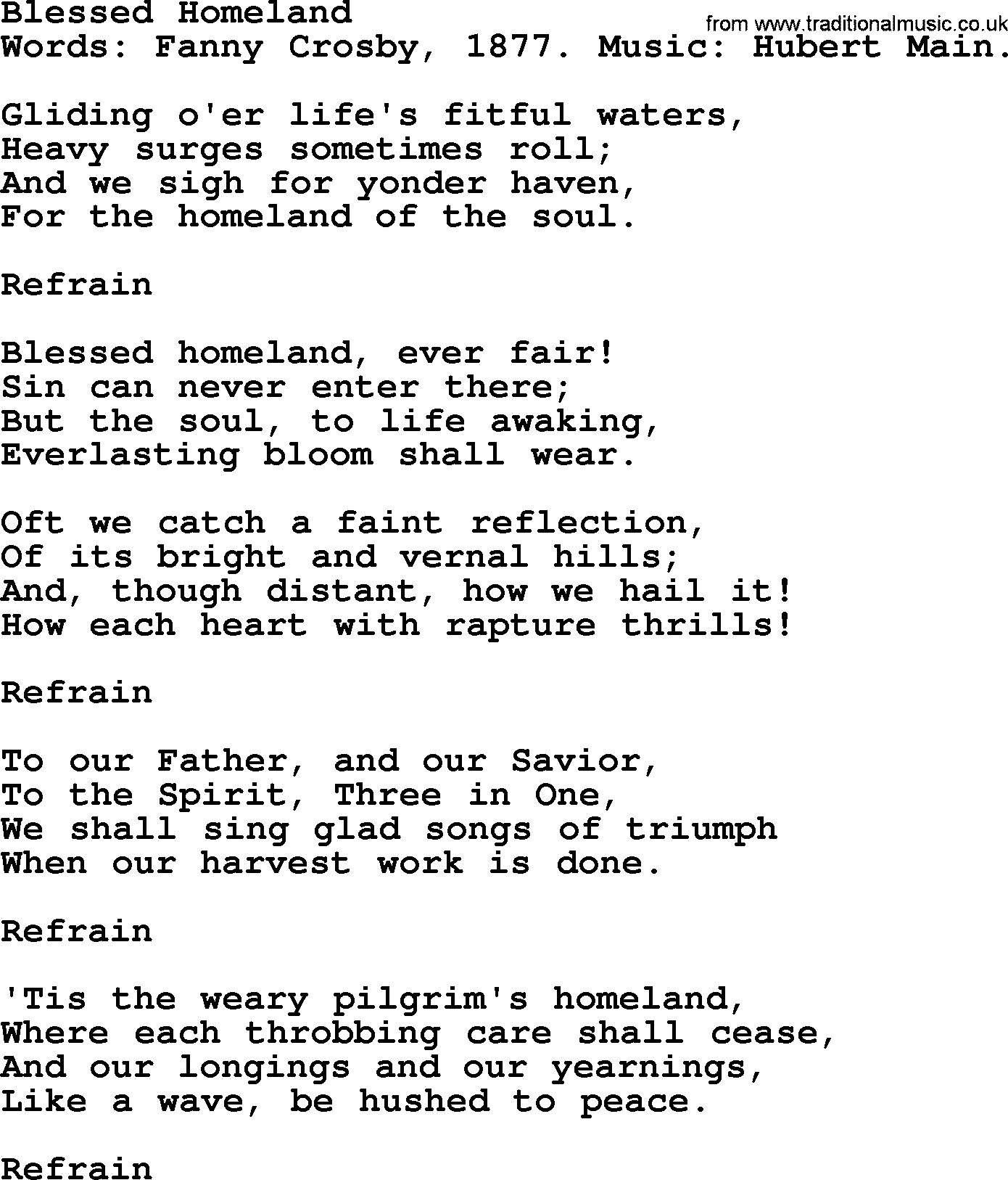 Fanny Crosby song: Blessed Homeland, lyrics