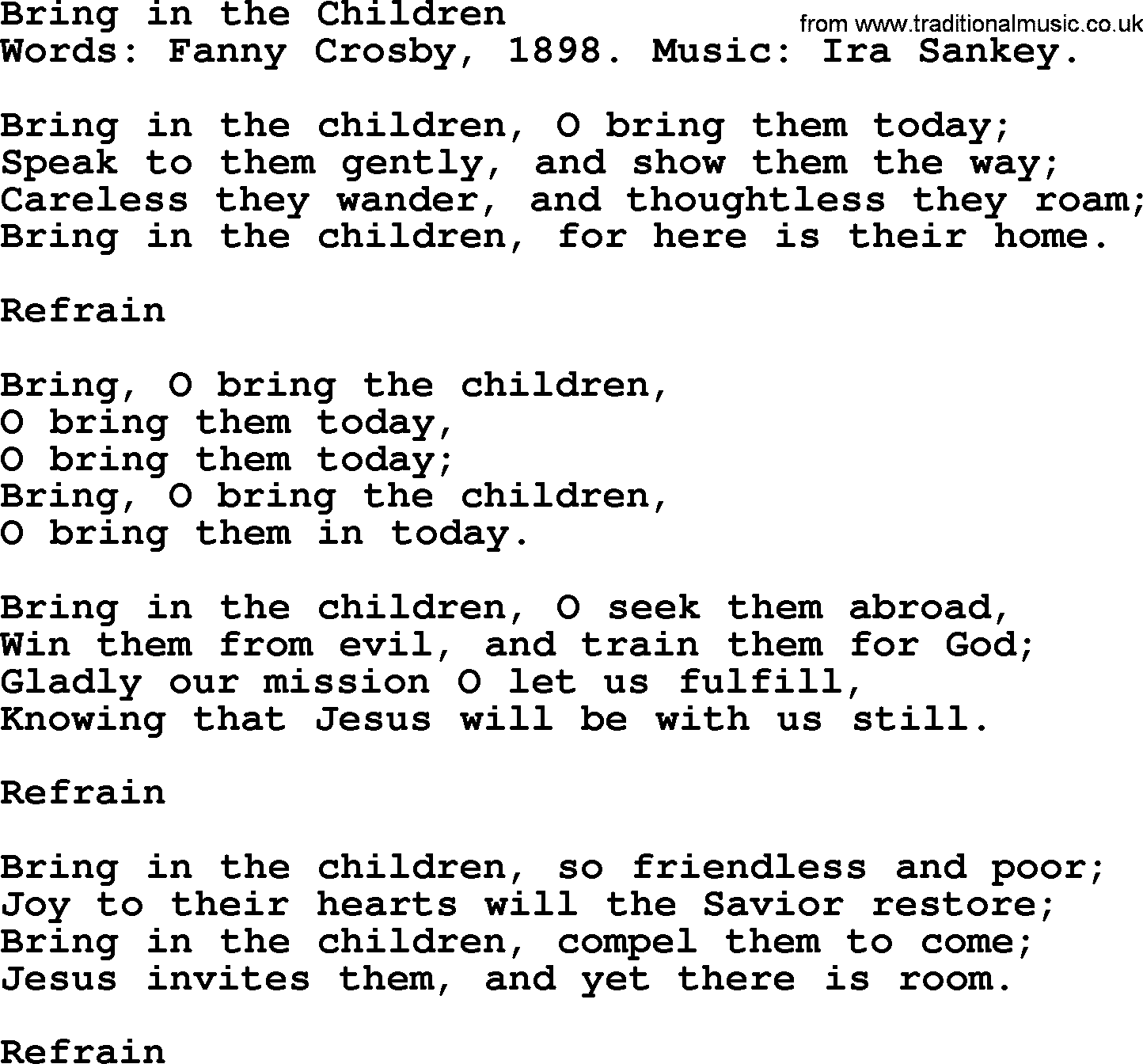 Fanny Crosby song: Bring In The Children, lyrics