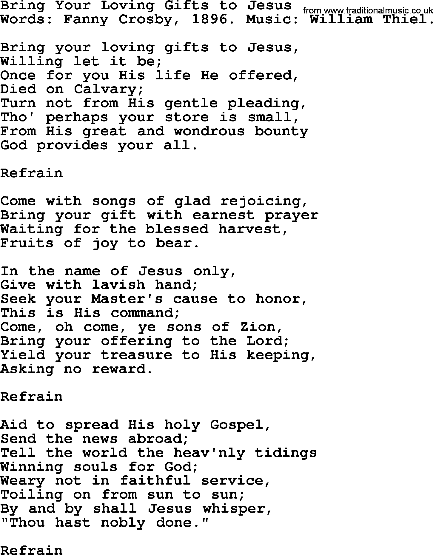 Fanny Crosby song: Bring Your Loving Gifts To Jesus, lyrics