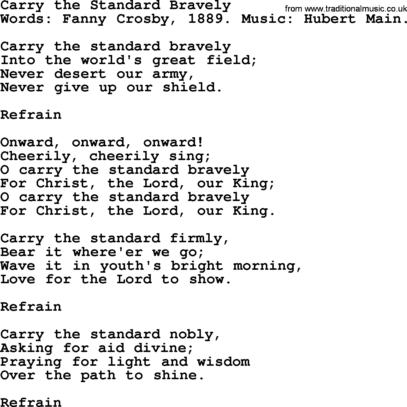 Fanny Crosby song: Carry The Standard Bravely, lyrics