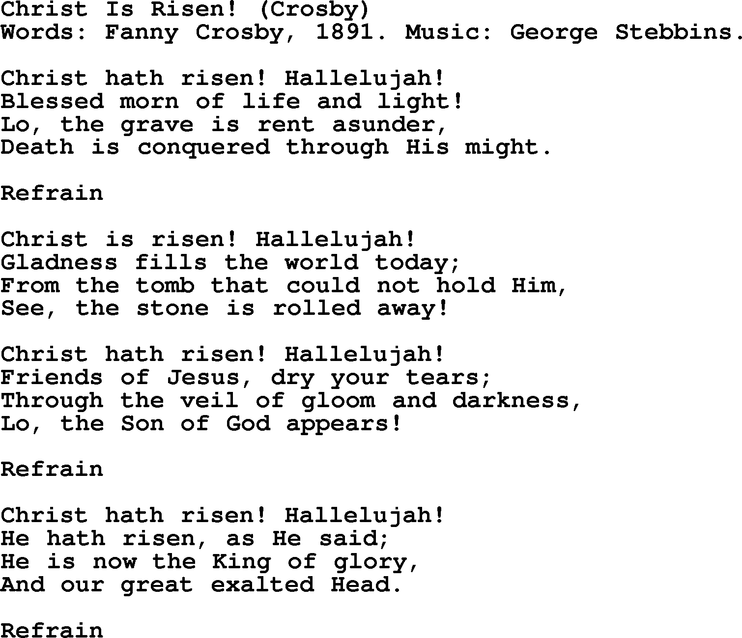 Fanny Crosby song: Christ Is Risen!, lyrics