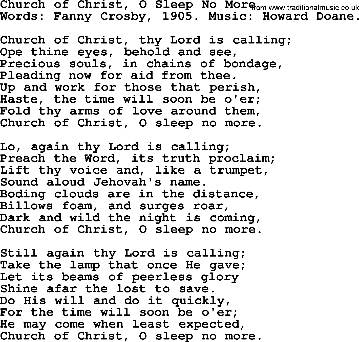 Fanny Crosby song: Church Of Christ, O Sleep No More, lyrics