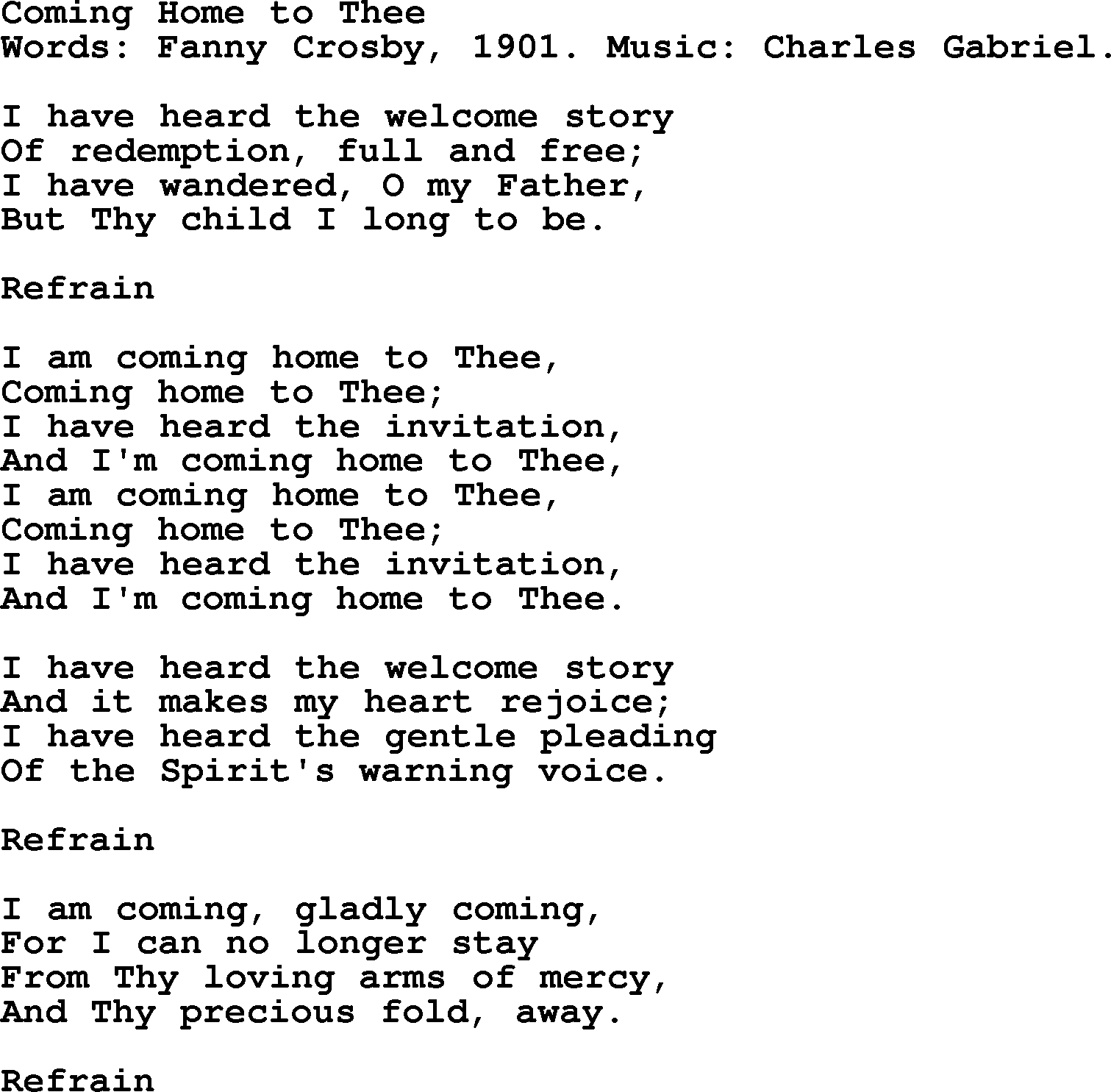 Fanny Crosby song: Coming Home To Thee, lyrics