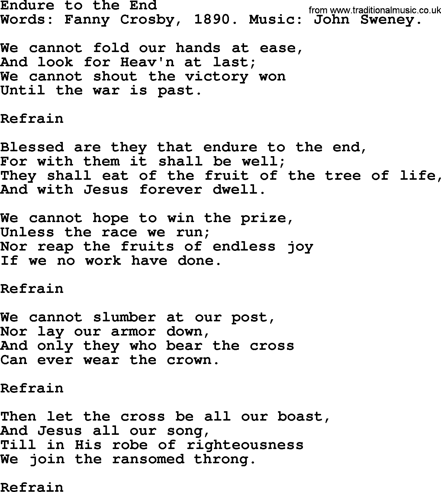 Fanny Crosby song: Endure To The End, lyrics