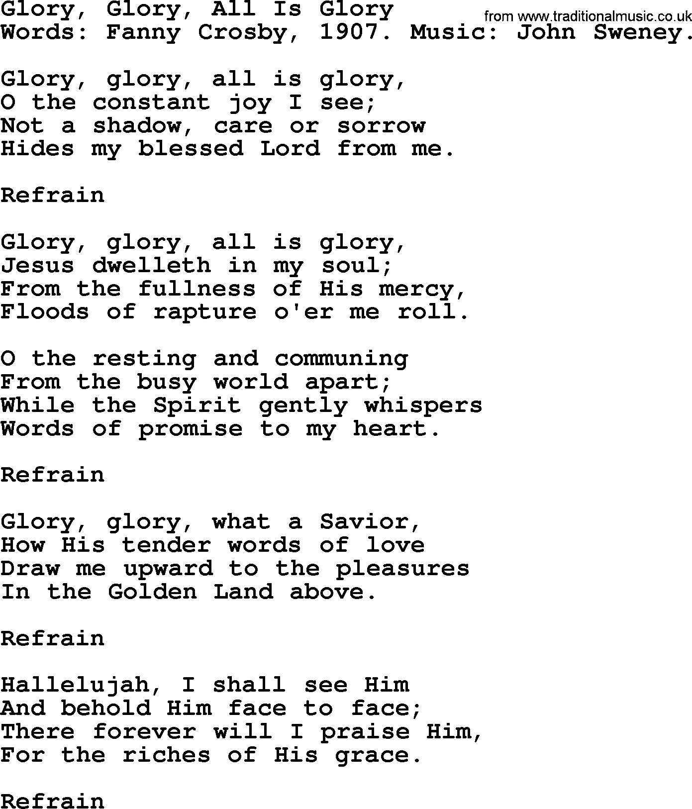 Fanny Crosby song: Glory, Glory, All Is Glory, lyrics