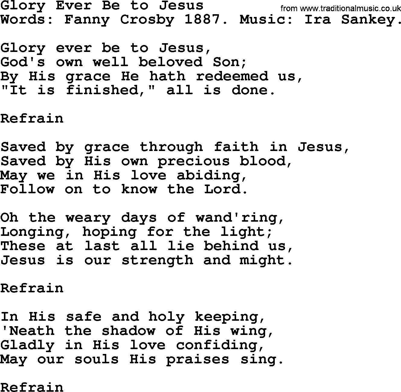 Fanny Crosby song: Glory Ever Be To Jesus, lyrics