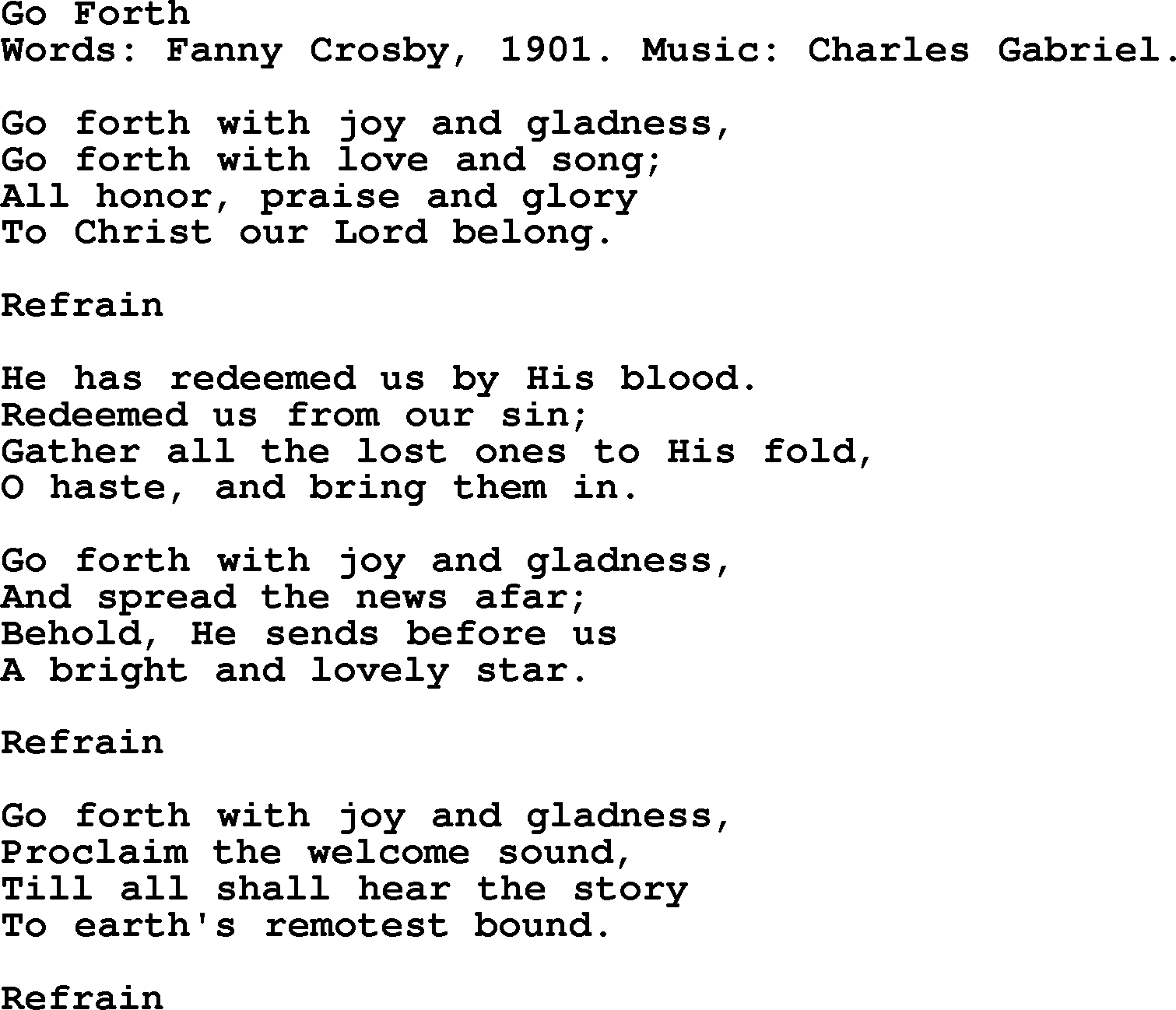 Fanny Crosby song: Go Forth, lyrics