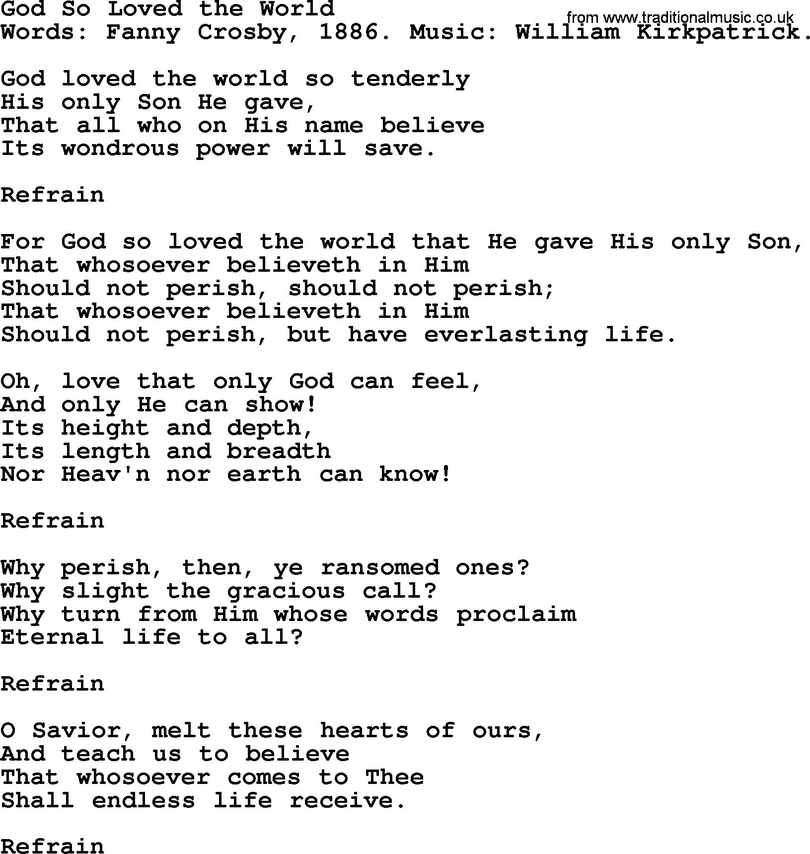 Fanny Crosby song: God So Loved The World, lyrics