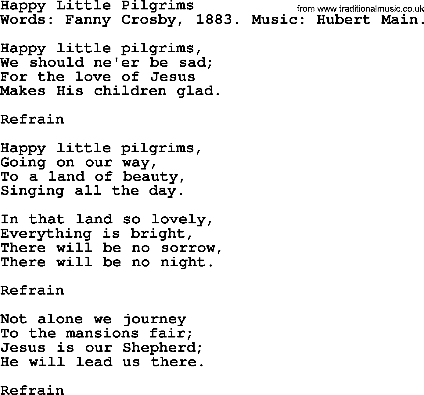 Fanny Crosby song: Happy Little Pilgrims, lyrics