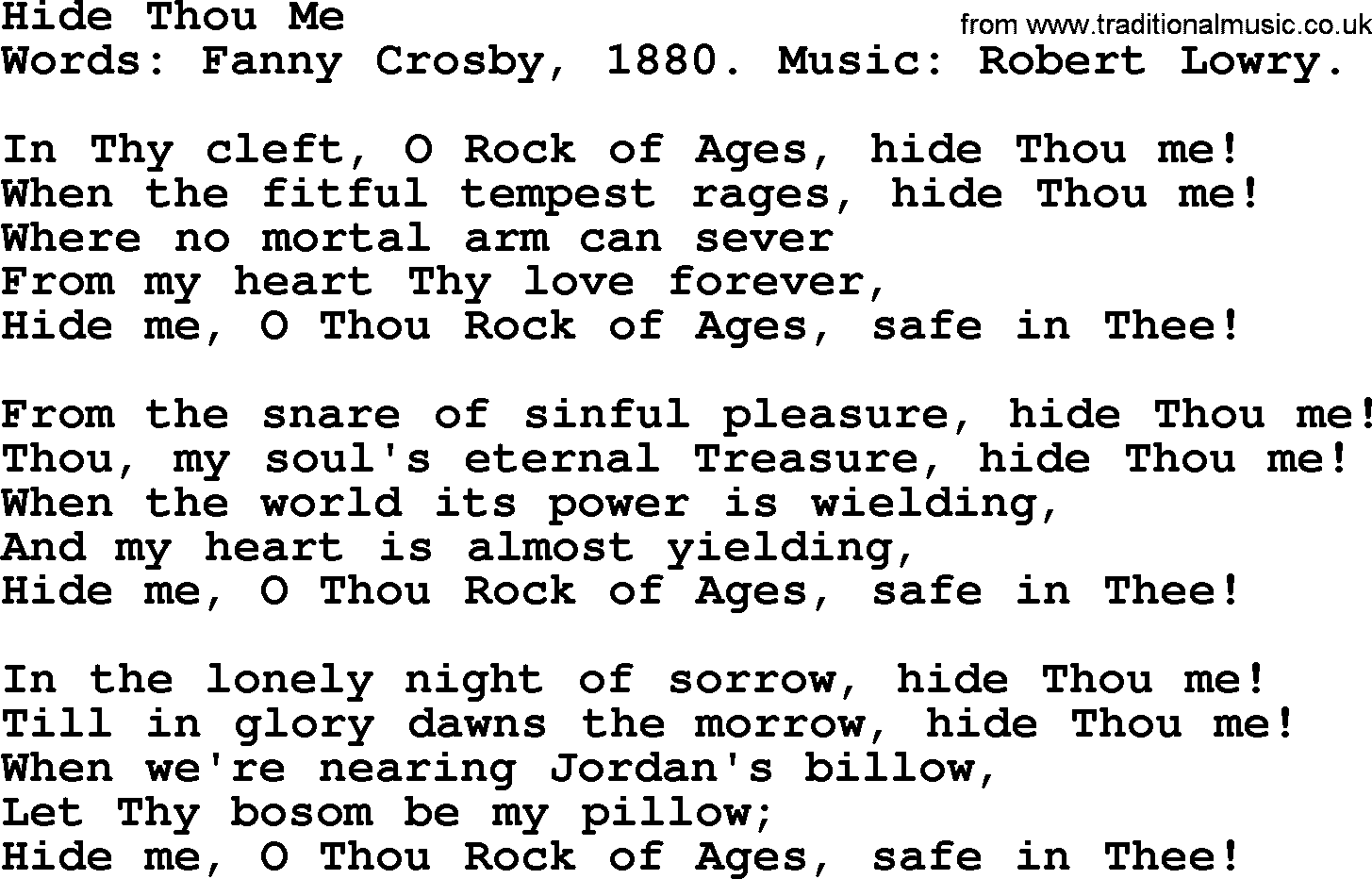 Fanny Crosby song: Hide Thou Me, lyrics