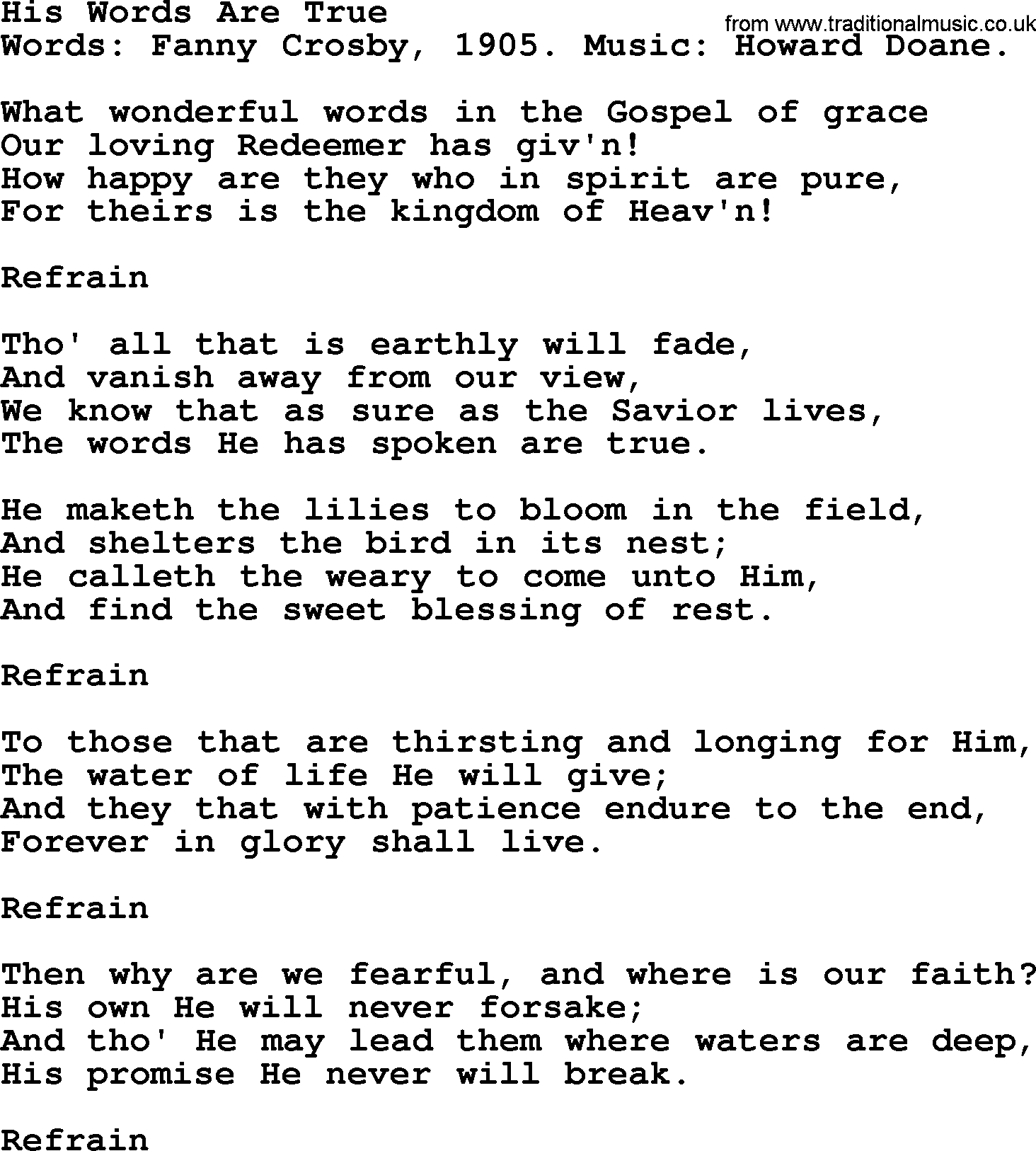 Fanny Crosby song: His Words Are True, lyrics