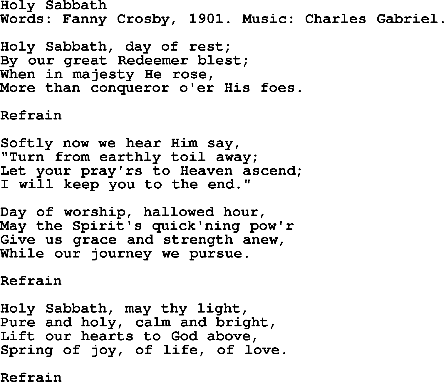 Fanny Crosby song: Holy Sabbath, lyrics