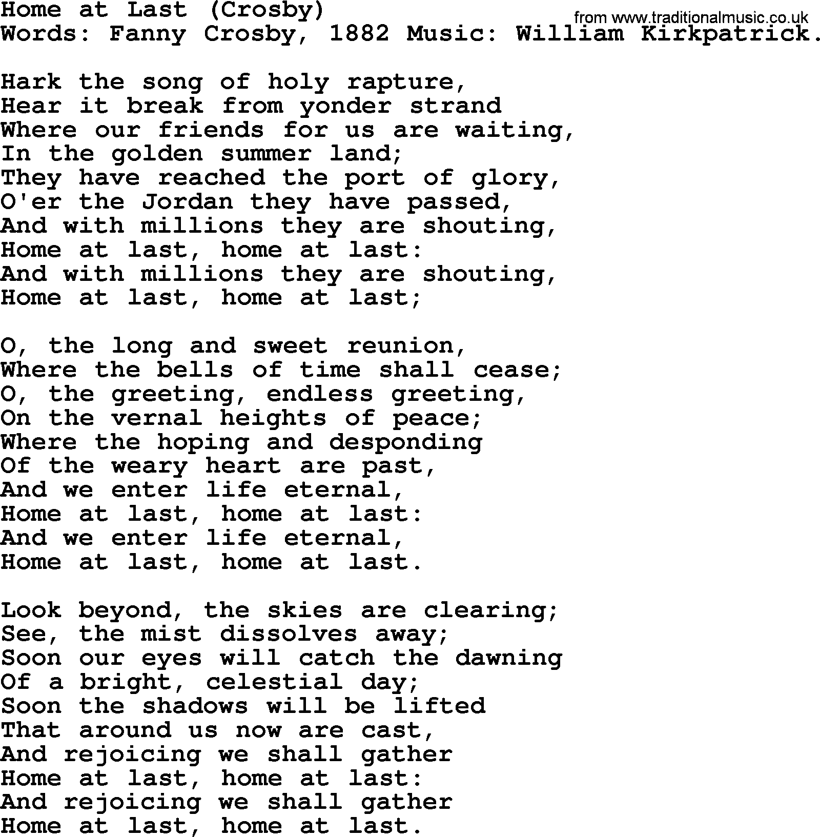 Fanny Crosby song: Home At Last, lyrics