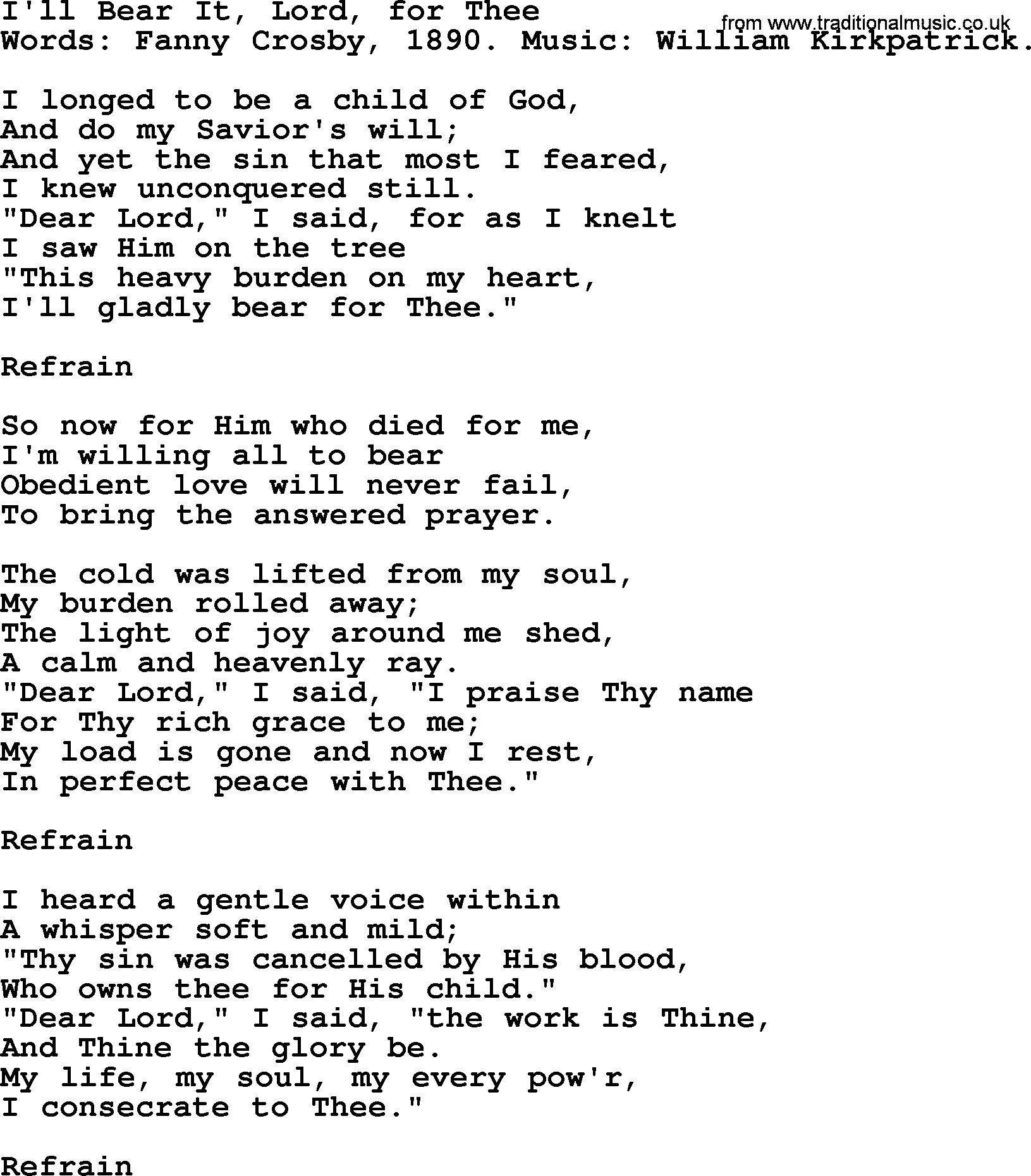 Fanny Crosby song: I'll Bear It, Lord, For Thee, lyrics