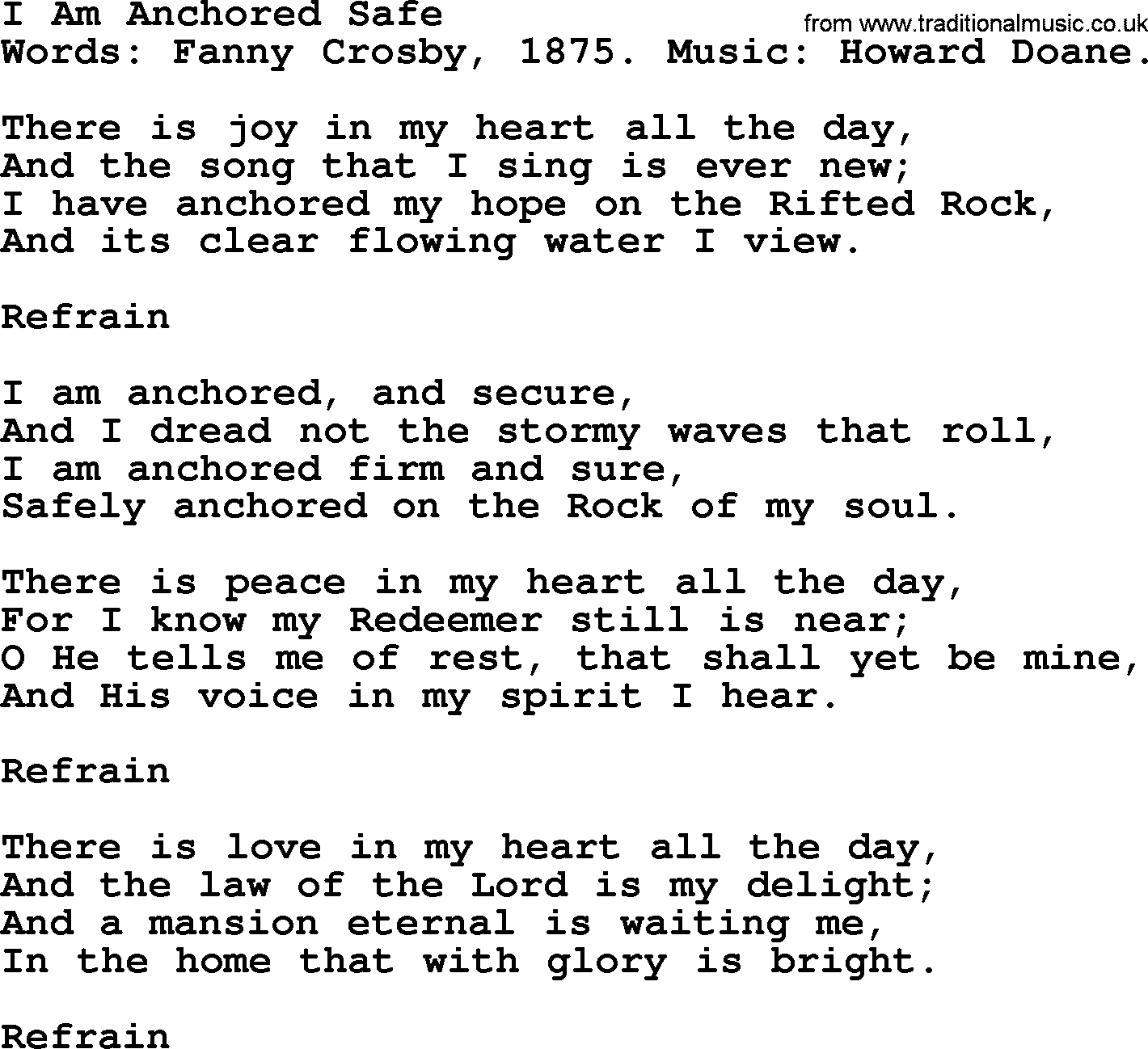 Fanny Crosby song: I Am Anchored Safe, lyrics